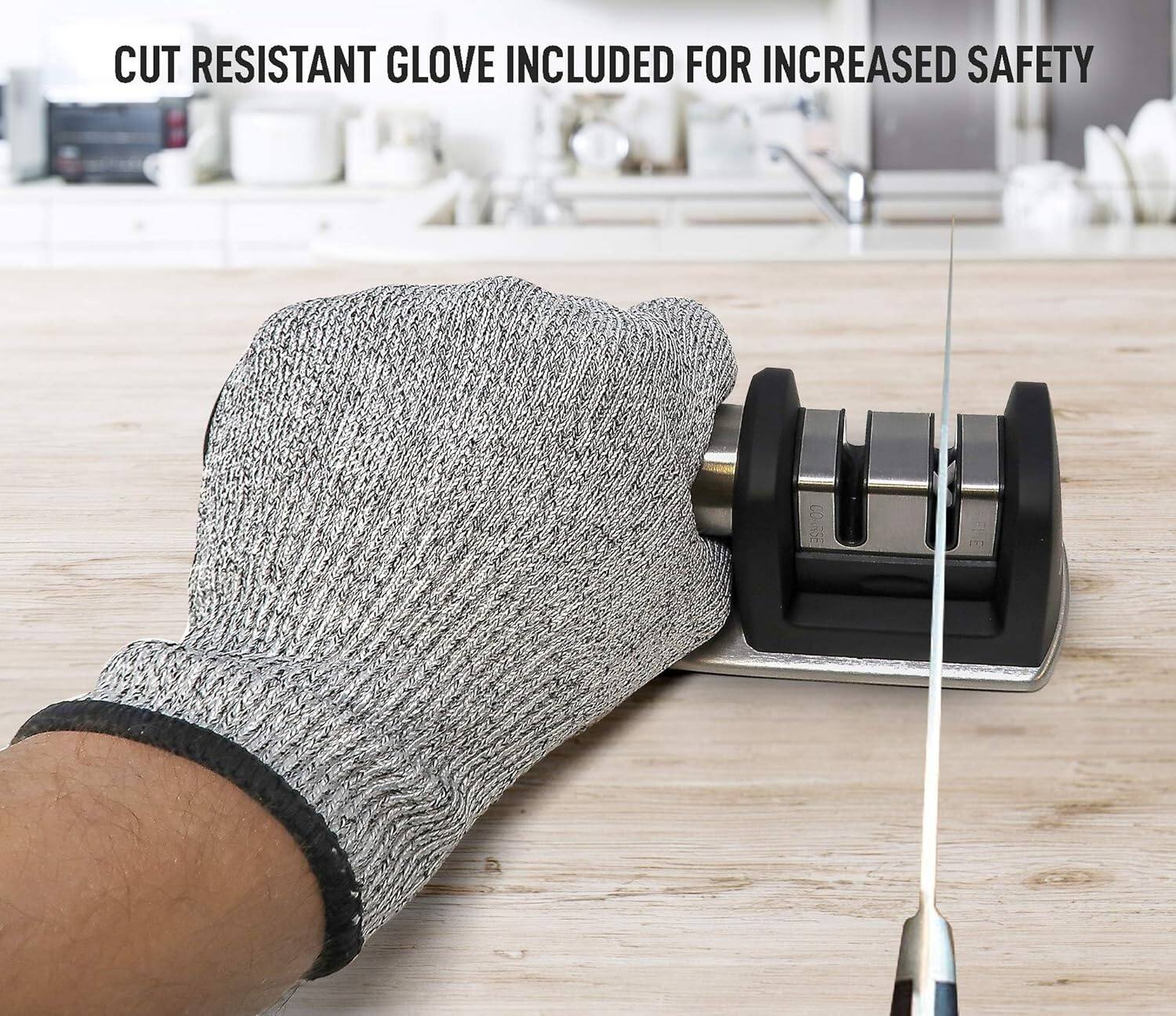 CUT RESISTANT GLOVE INCLUDED FOR INCREASED SAFETY