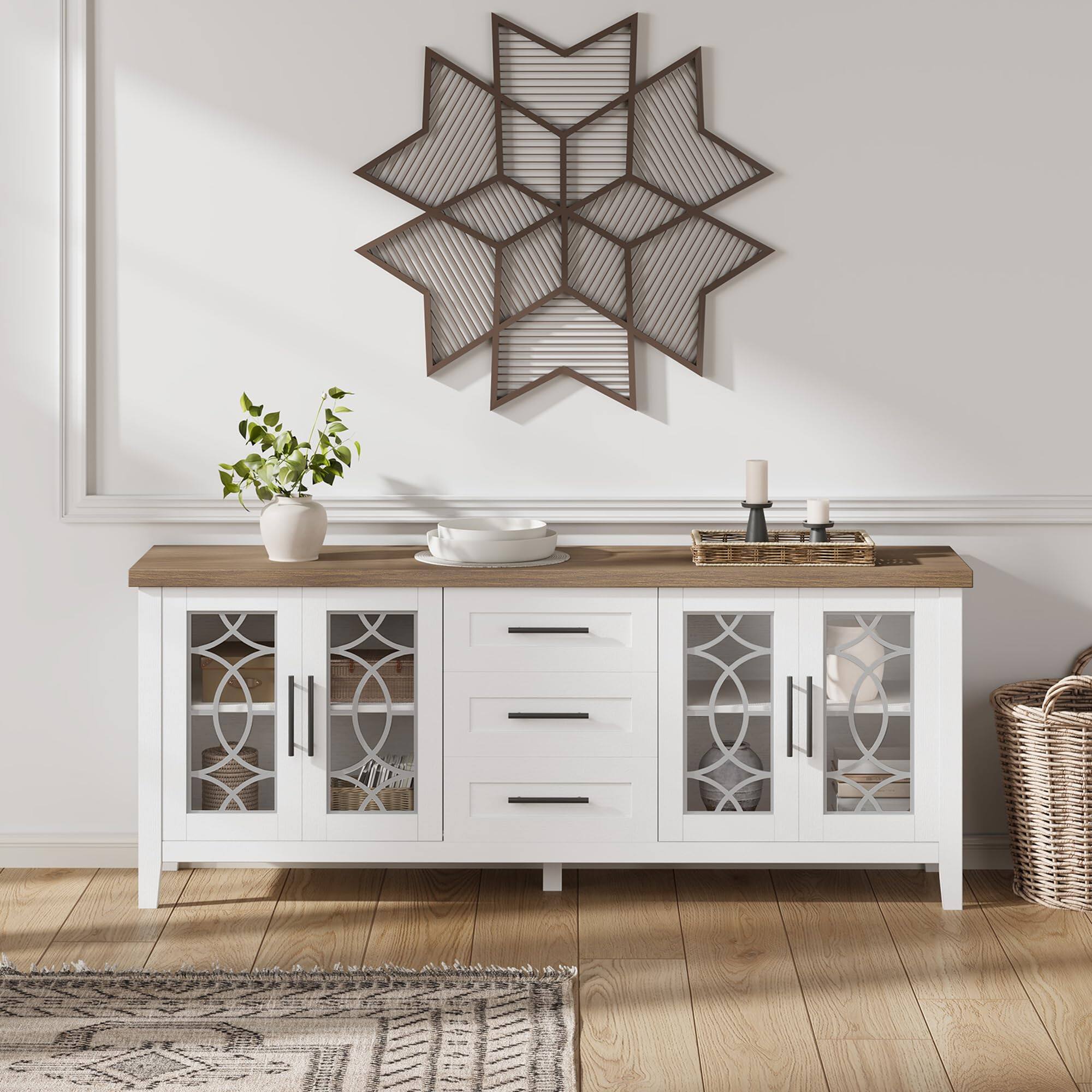 Left. Babevy - 63" Farmhouse TV Stand for 70" TVs, Rustic Entertainment Center with Glass Doors, 2 Cabinets & 3 Drawers - White.