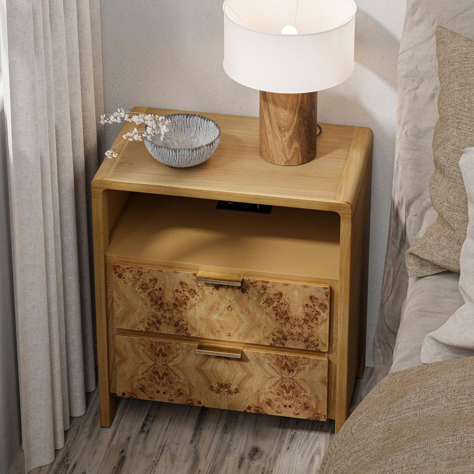 Alt View 7. COZAYH - COZAYH Farmhouse 2 Drawer Bed Nightstand w/ Charging Station, Burl Wood, Natural - Natural.
