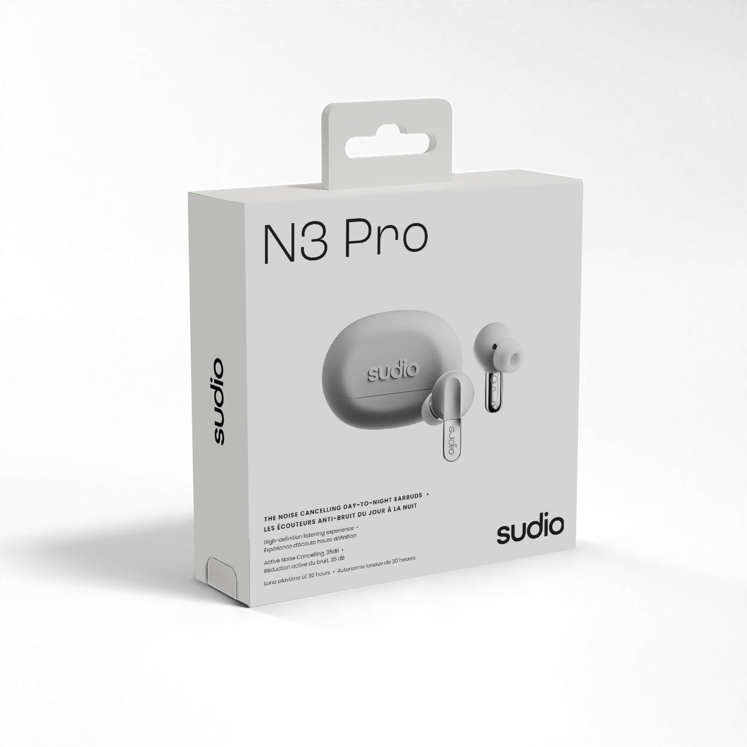 N3 Pro  
sudio  
sudio  
EARBUDS  
DAY-TO-NIGHT  
THE NOISE CANCELLING DAY-TO-NIGHT EARBUDDS  
LES ÉCOUTEURS ANTI-BRUIT DU JOUR À LA NUIT  
High-fidelity listening experience  
Noise Cancelling  
35dB  
Active Noise Cancellation  
Up to 30 hours of playtime  
Autonomous time of 30 hours