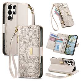 UUCOVER - Floral PU Leather Wallet Case for Samsung Galaxy S25 Ultra with Zipper Pocket, Cash Card Slot, Shoulder & Wrist Strap - Beige