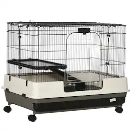 TinyHomie - PawHut 26 2-Level Small Animal Cage Rabbit Hutch Wheels - Black