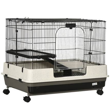 Front. TinyHomie - PawHut 26 2-Level Small Animal Cage Rabbit Hutch Wheels - Black.
