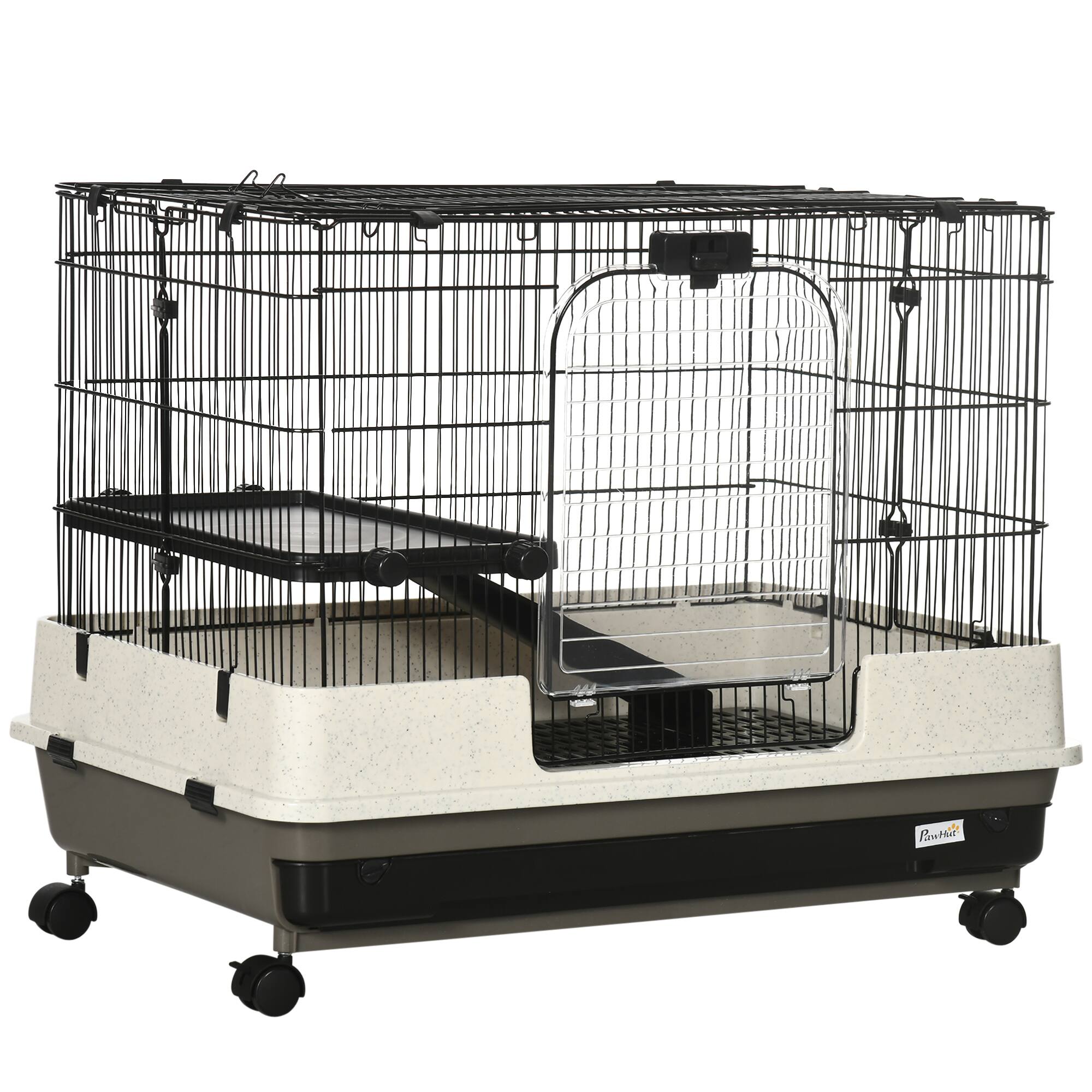 Front. TinyHomie - PawHut 26 2-Level Small Animal Cage Rabbit Hutch Wheels - Black.