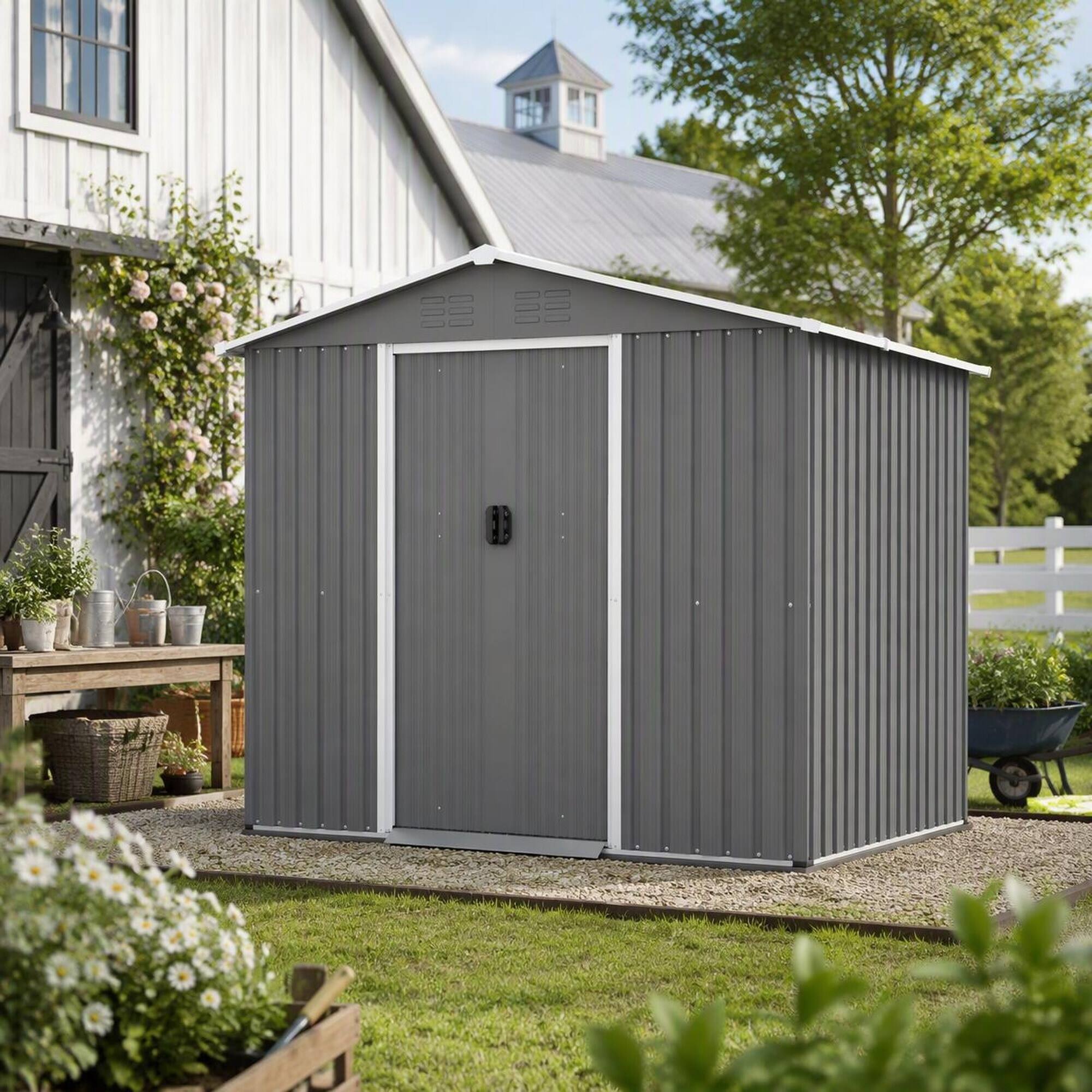 Back. RYHNUYNE - 8x6 ft Steel Shed Metal Base Lockable Sliding Doors Weatherproof Garden Tool Gray - Gray.