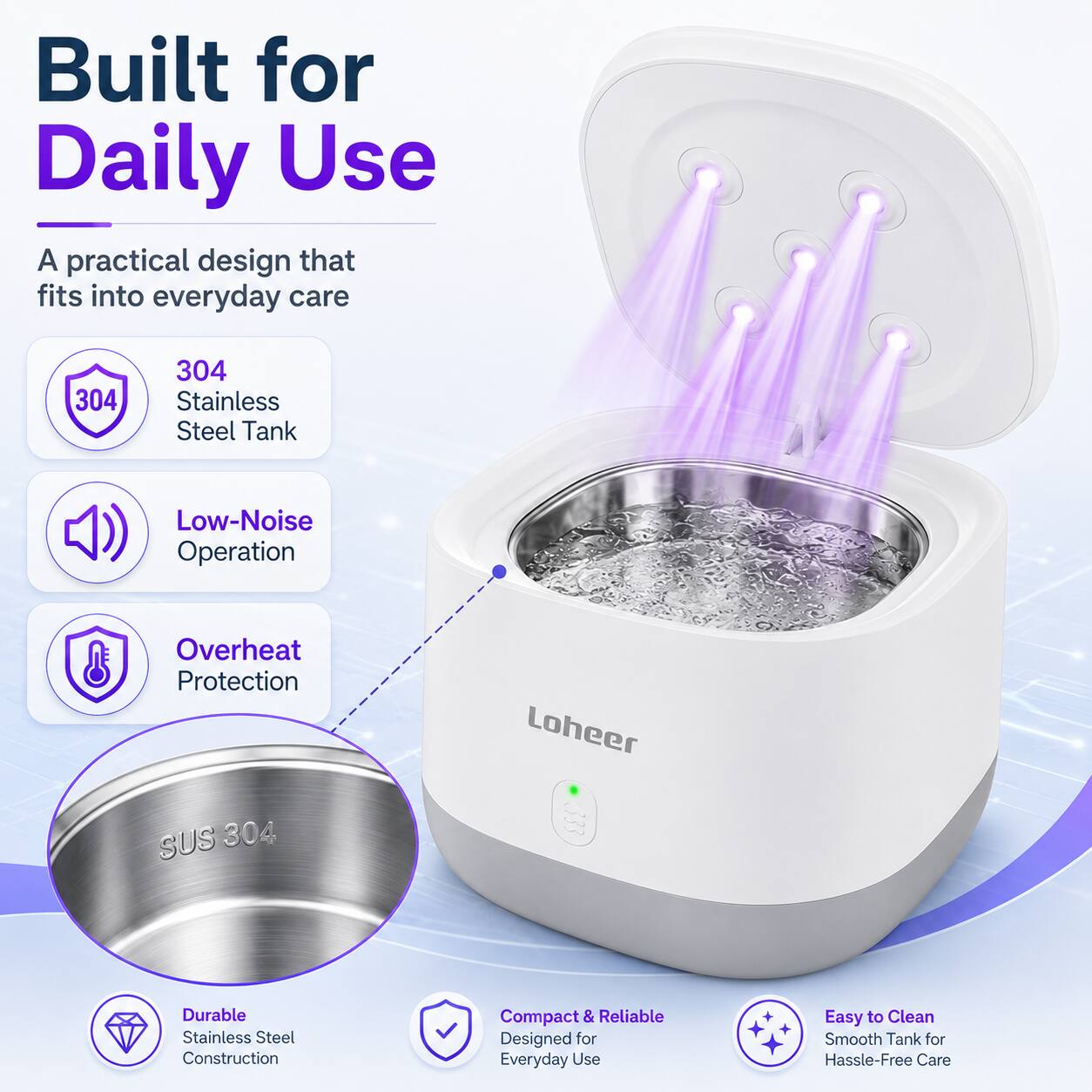 Built for Daily Use

A practical design that fits into everyday care

- 304 Stainless Steel Tank
- Low-Noise Operation
- Overheat Protection
- Durable Stainless Steel Construction
- Compact & Reliable Designed for Everyday Use
- Easy to Clean
- Smooth Tank for Hassle-Free Care