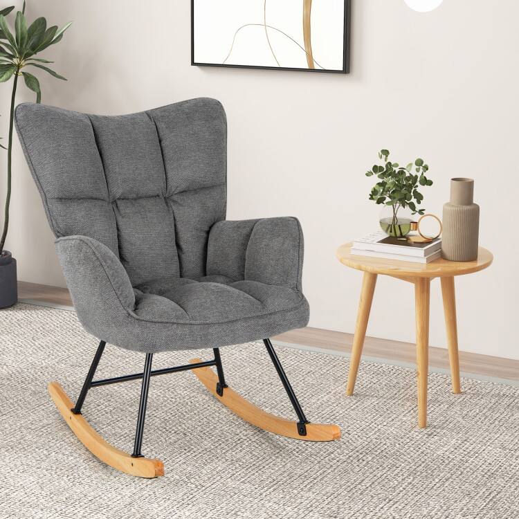 Left. SlickBlue - Linen Nursery Rocking Chair with High Backrest and Soft Padded Armrests - Dark Grey.