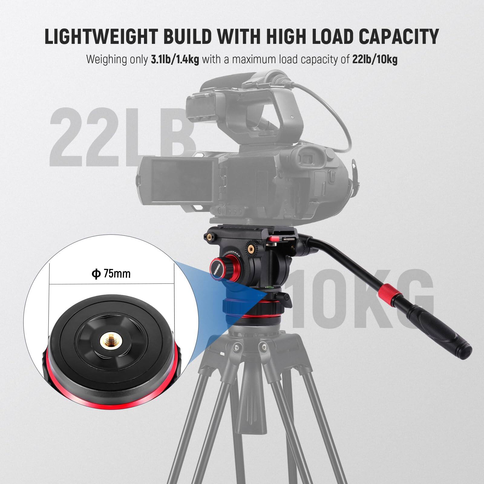 LIGHTWEIGHT BUILD WITH HIGH LOAD CAPACITY  
Weighing only 3.1lb/1.4kg with a maximum load capacity of 22lb/10kg  

22LB  
75mm  
10KG