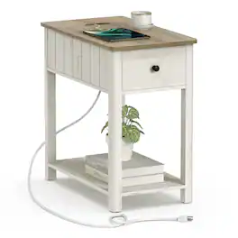 Songmics Home - Side Table with Charging Station, End Table with USB Ports and Outlets, Nightstand with Storage, Modern Farmhouse Style - Vintage White and Heather Greige
