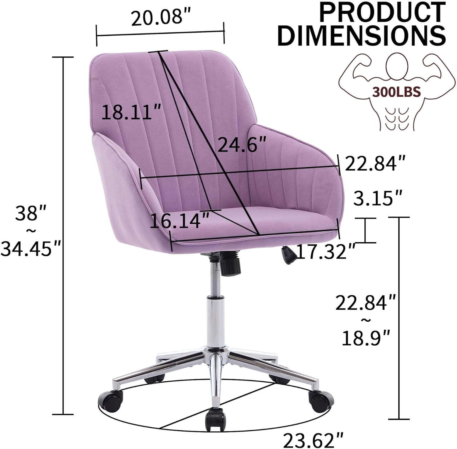 PRODUCT DIMENSIONS

- Height: 38" (~34.45")
- Width: 20.08"
- Depth: 24.6"
- Seat Height: 18.11"
- Seat Depth: 17.32"
- Back Height: 22.84"
- Back Width: 22.84" (~18.9")
- Armrest Height: 3.15"
- Base Diameter: 23.62"
- Weight Capacity: 300LBS