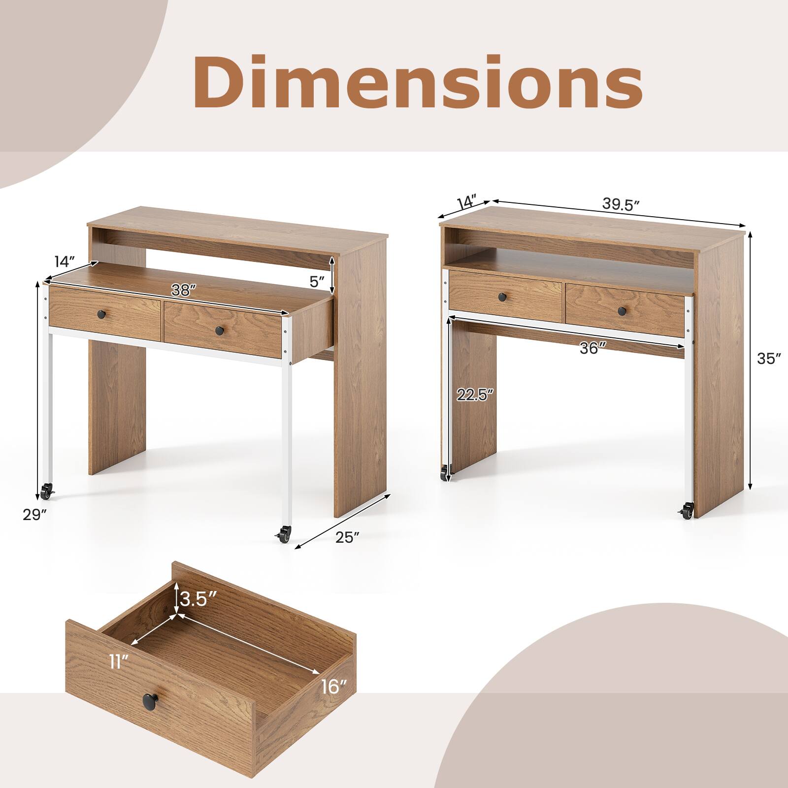 Dimensions:  
- Width: 39.5"  
- Depth: 36"  
- Height: 35"  
- Drawer Width: 16"  
- Drawer Depth: 11"  
- Drawer Height: 3.5"  
- Side Width: 14"  
- Side Depth: 29"  
- Leg Width: 25"  
- Leg Height: 22.5"