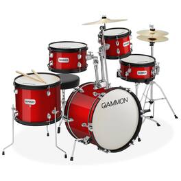 Gammon Percussion - 5pc Junior Drum Set - Beginner Percussion Kit with Stool and Stands - Red