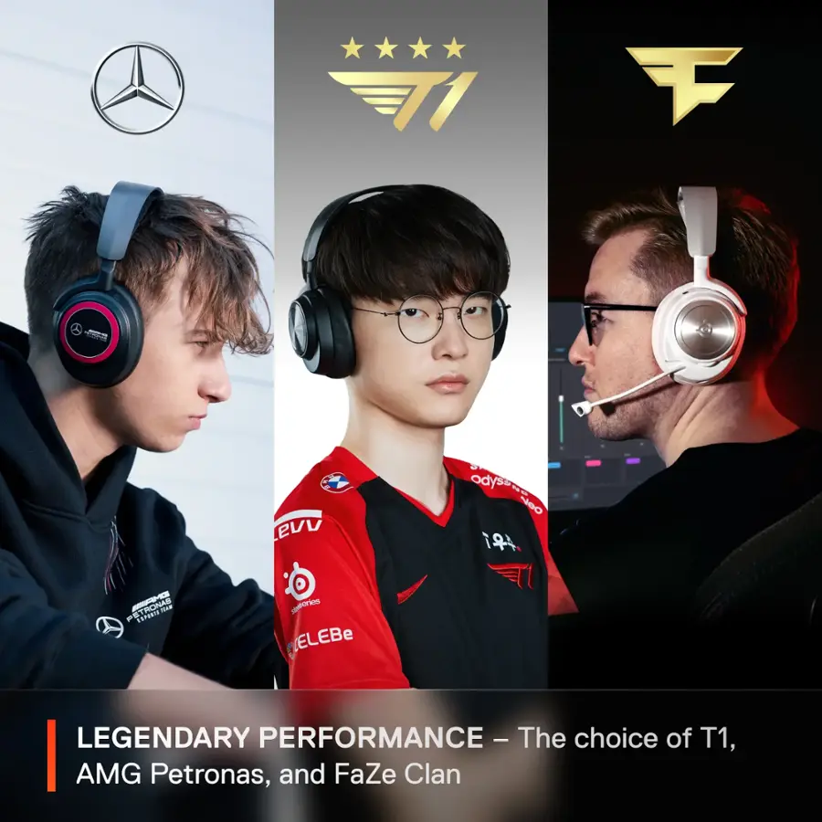 The image features three men wearing headphones, each representing a different team. The first man represents T1, the second man represents AMG Petronas, and the third man represents FaZe Clan. The image is promoting the teams' choice of headphones, showcasing their preference for high-quality audio equipment.