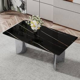 Loheer - Faux Marble Glass Dining Table with Silver Metal Legs, Modern Minimalist Design - Black
