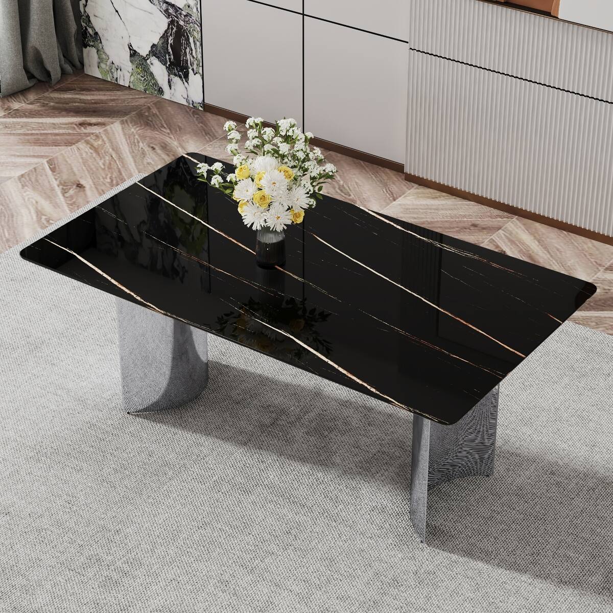 Front. Loheer - Loheer Black Faux Marble Glass Dining Table with Silver Metal Legs, Modern Minimalist Design - Black.