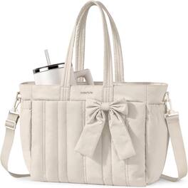 mosiso - Puffer Tote Bag for Women 15-15.6 inch Laptop Bag with Cup Holder Lightweight Shoulder Bag for Travel Work School Gym - Beige