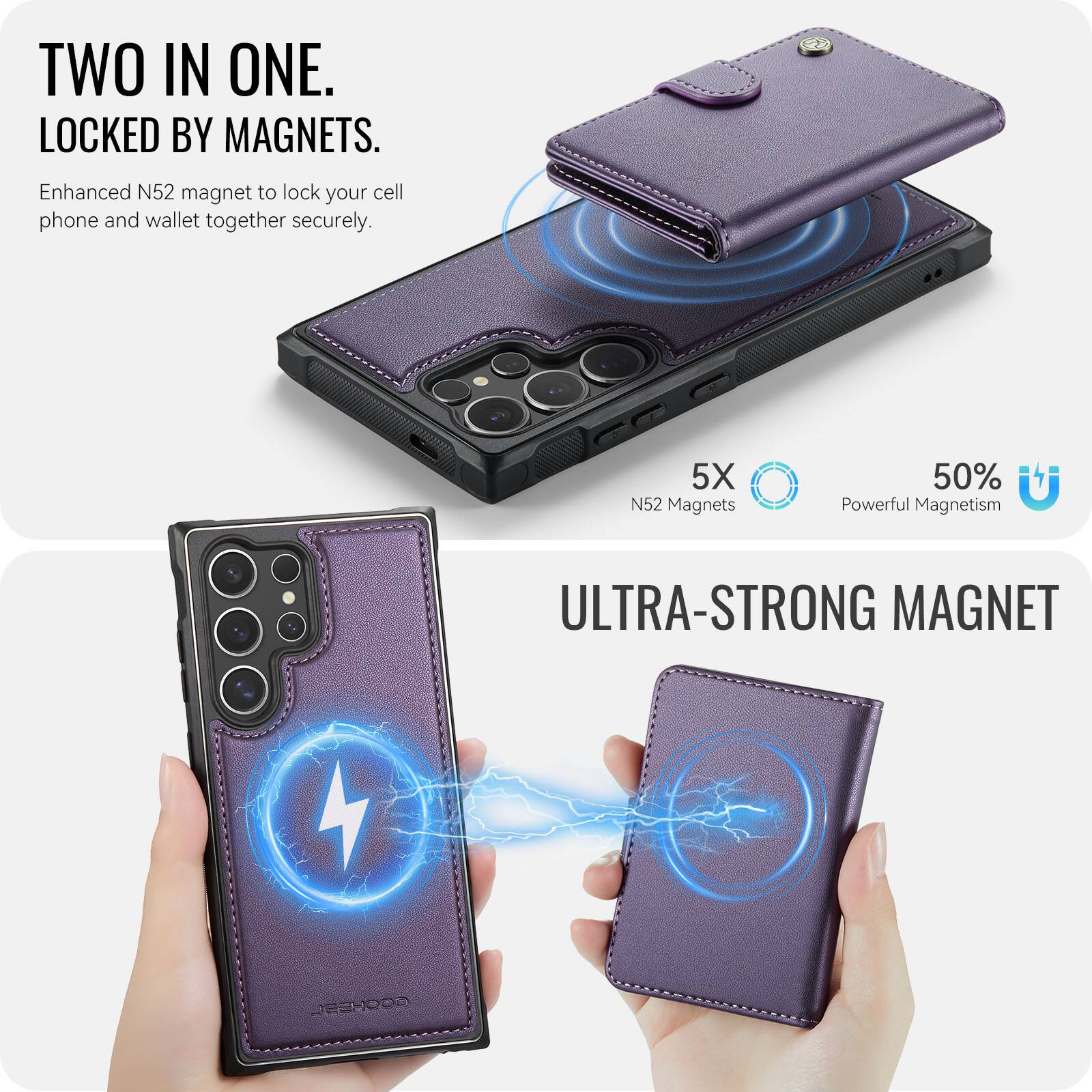 TWO IN ONE. LOCKED BY MAGNETS.  
Enhanced N52 magnet to lock your cell phone and wallet together securely.  
5X N52 Magnets  
50% Powerful Magnetism  
ULTRA-STRONG MAGNET