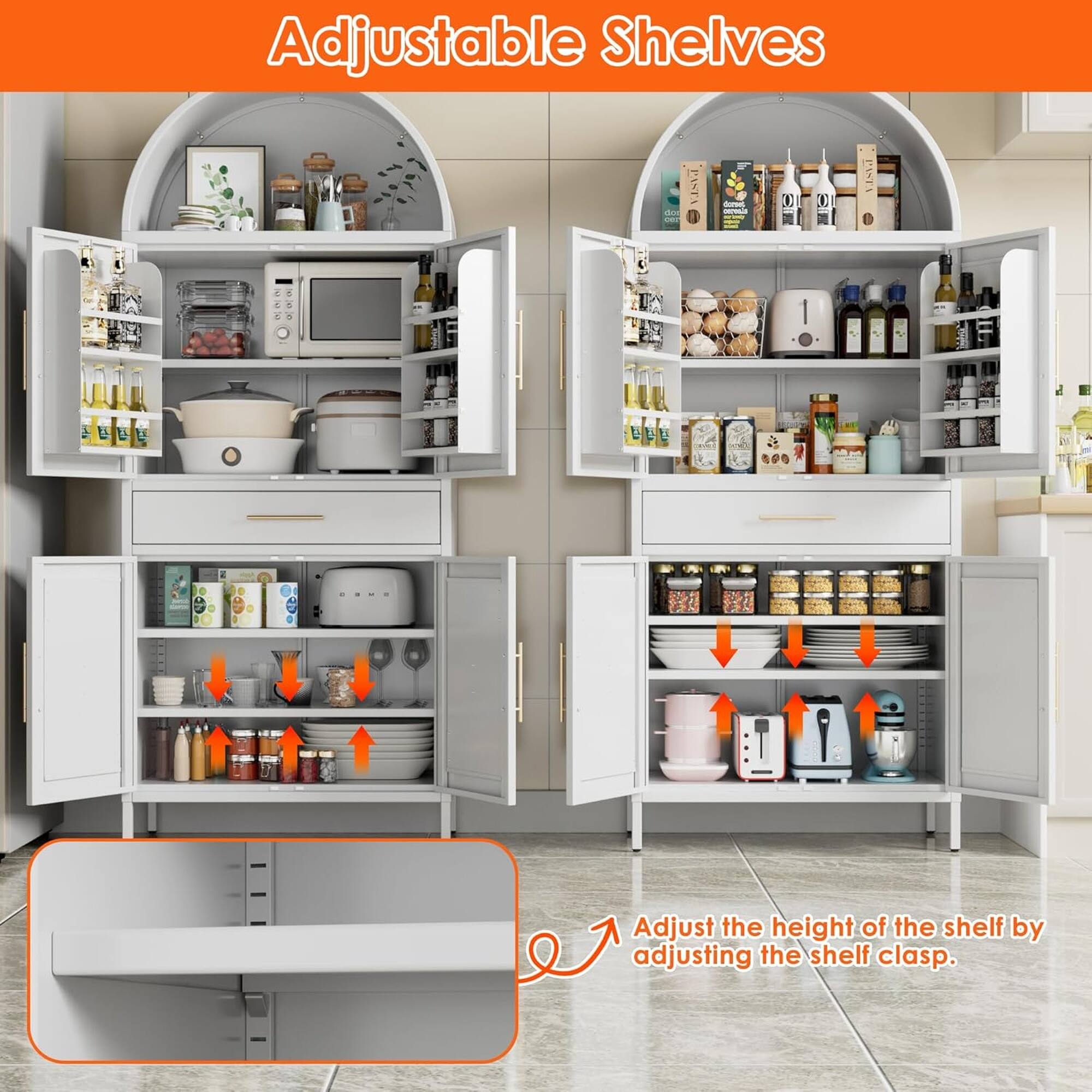 Adjustable Shelves

Adjust the height of the shelf by adjusting the shelf clasp.