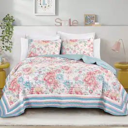 MarCielo - 3 Piece Lightweight Quilt Bedspread Set Reversible Floral Botanical - Peony Blue Border