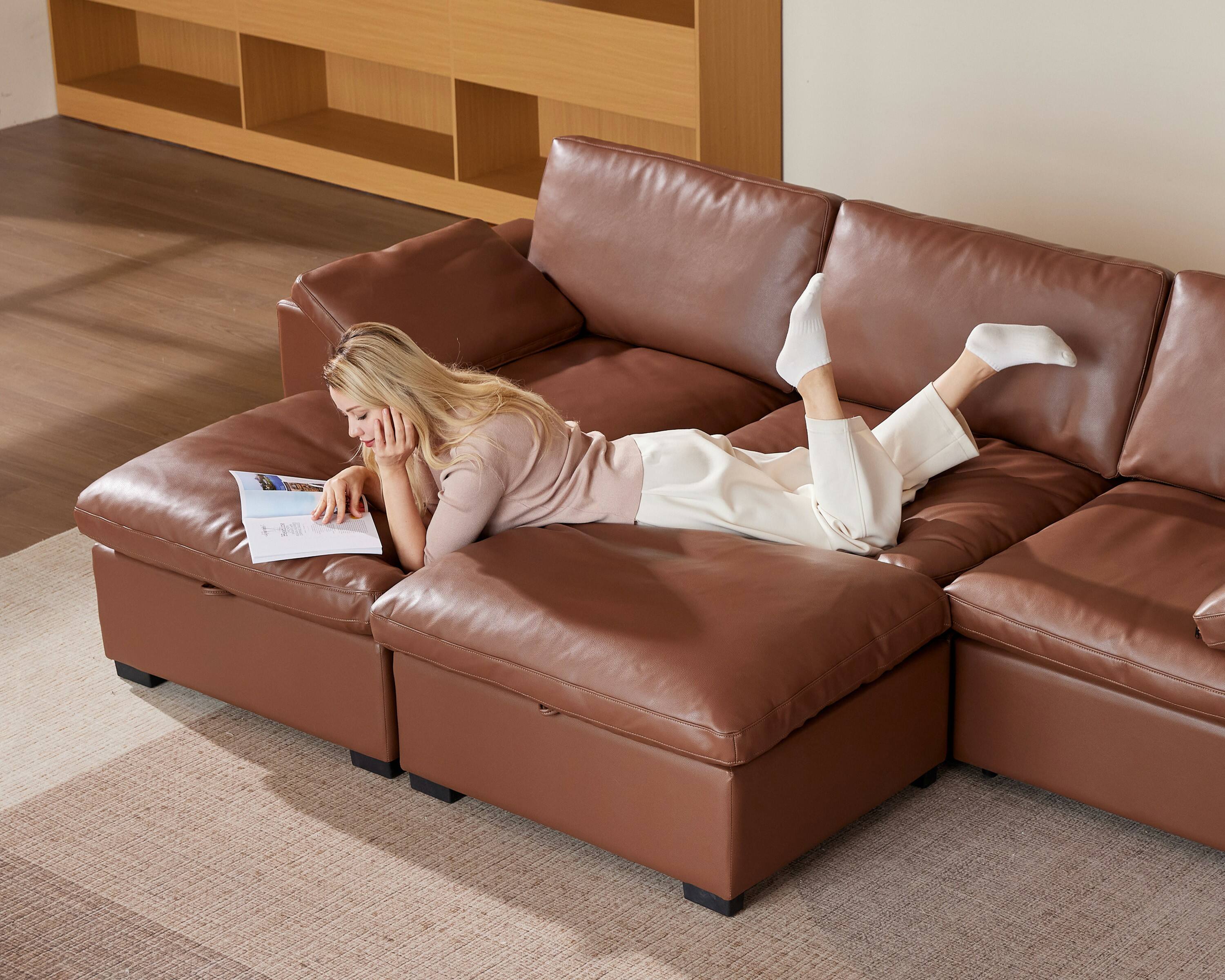 Alt View 3. Dyonery - Dyonery 120" U Shaped  Couch with Storage Ottoman， Down-Filled Wide Deep Seat, Solid Wood Frame, Faux Leather Brown - Black Faux Leather.