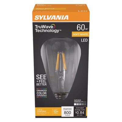 SYLVANIA
TruWave Technology™
60w
SOFT WHITE
LED
SEE + FEEL BETTER
ENHANCED COLOR EXPERIENCE
1 ST19 CLEAR BULB
LASTS 13+ YEARS
Brightness
800 lumens
Estimated Energy Cost
$0.84 per year
SUPERIOR DIMMABILITY+++