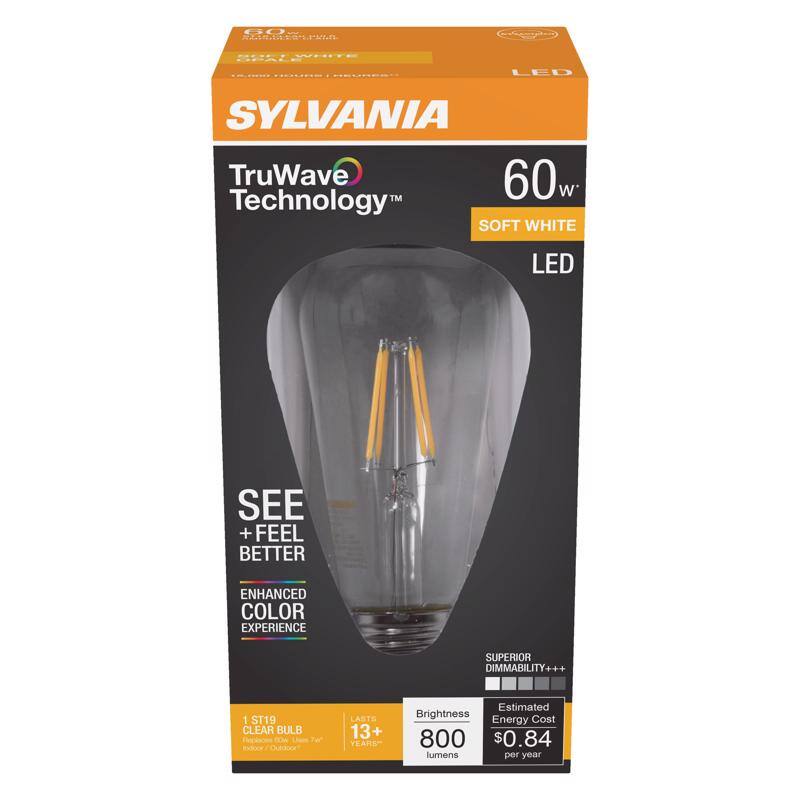 SYLVANIA  
TruWave Technology™  
60w  
SOFT WHITE  
LED  

SEE + FEEL BETTER  
ENHANCED COLOR EXPERIENCE  

1 ST19 CLEAR BULB  
LASTS 13+ YEARS  

Brightness  
800 lumens  

Estimated Energy Cost  
$0.84 per year  

SUPERIOR DIMMABILITY+++