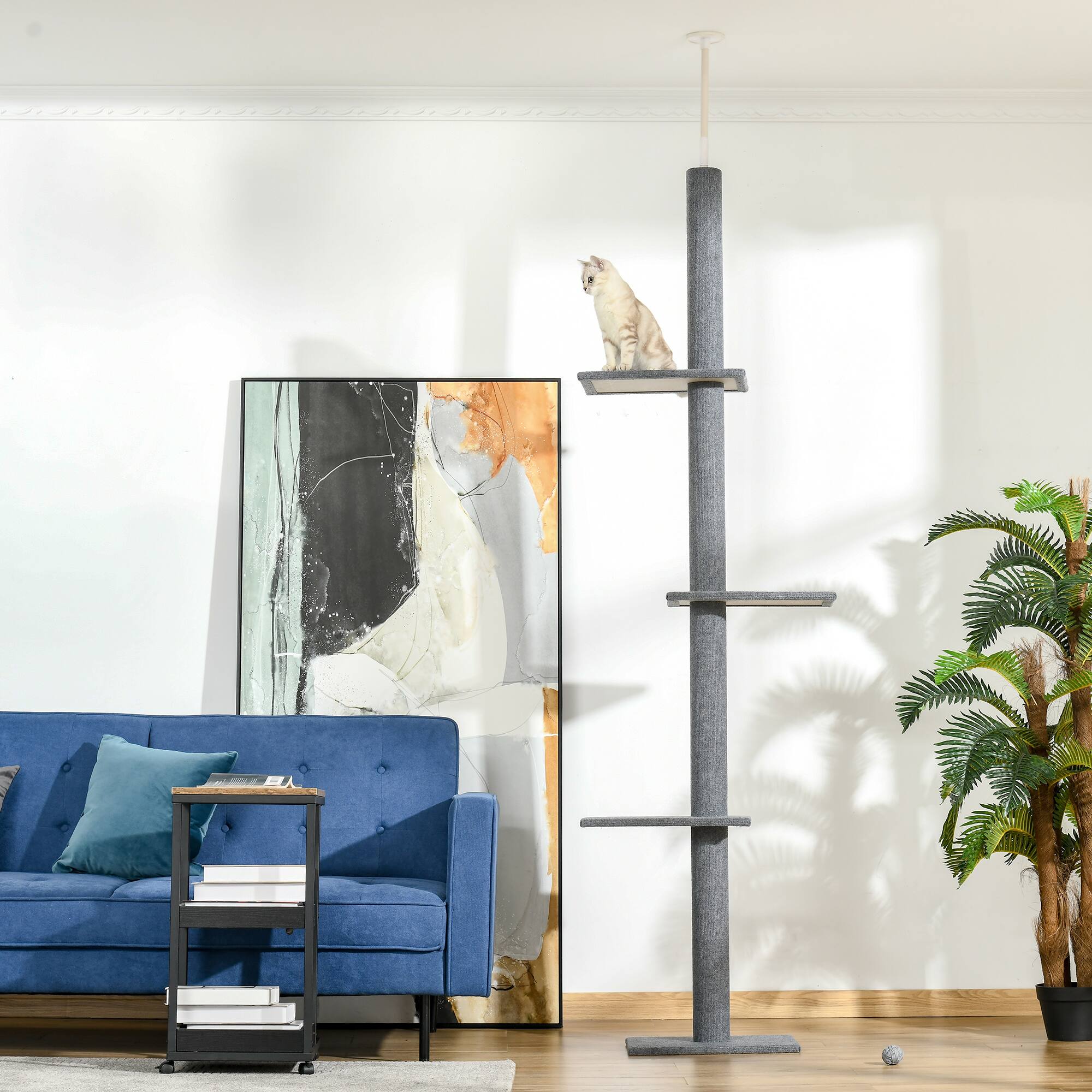 Angle. Pawhut - Floor-to-Ceiling Cat Tree, Climbing Tower with Sisal Scratching Posts, Activity Center, Furniture - Dark Grey.