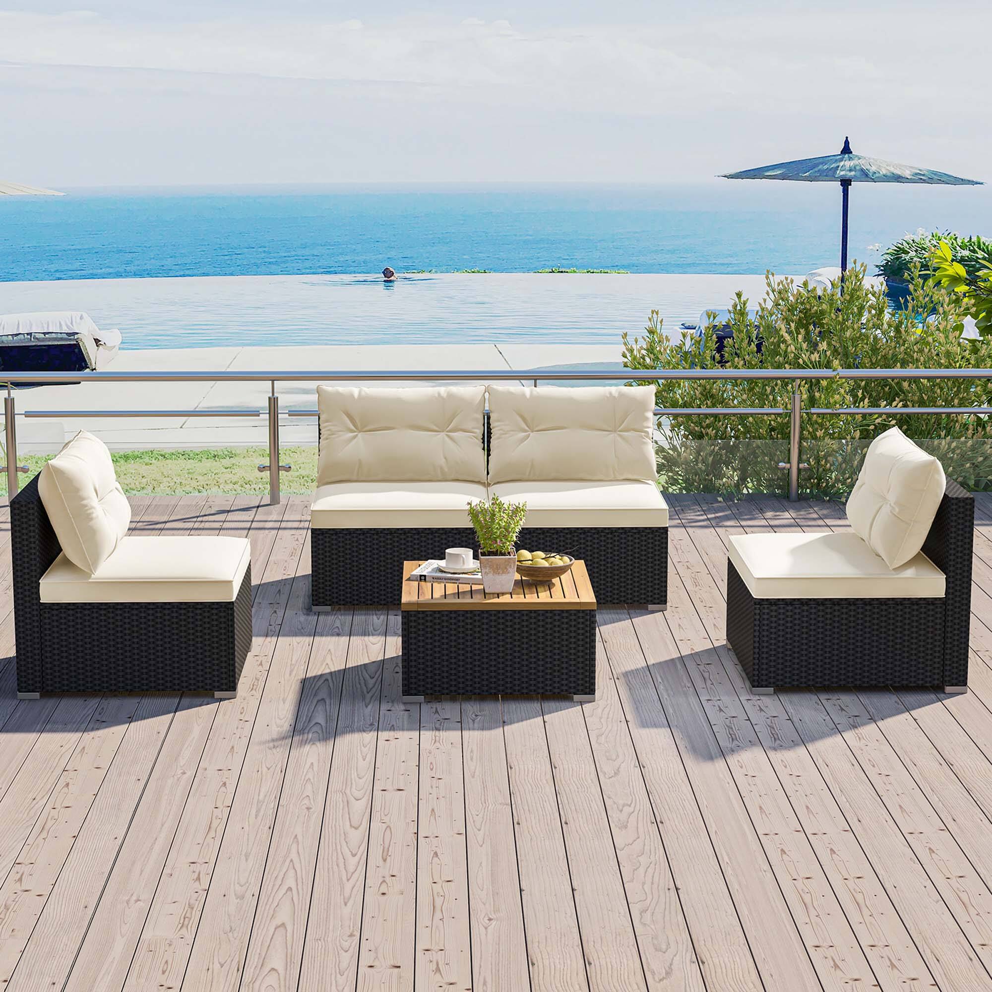Alt View 3. Costway - Costway 5 Piece Outdoor Furniture Set with Seat & Back Cushions Acacia Wood Tabletop - Black,Off White.
