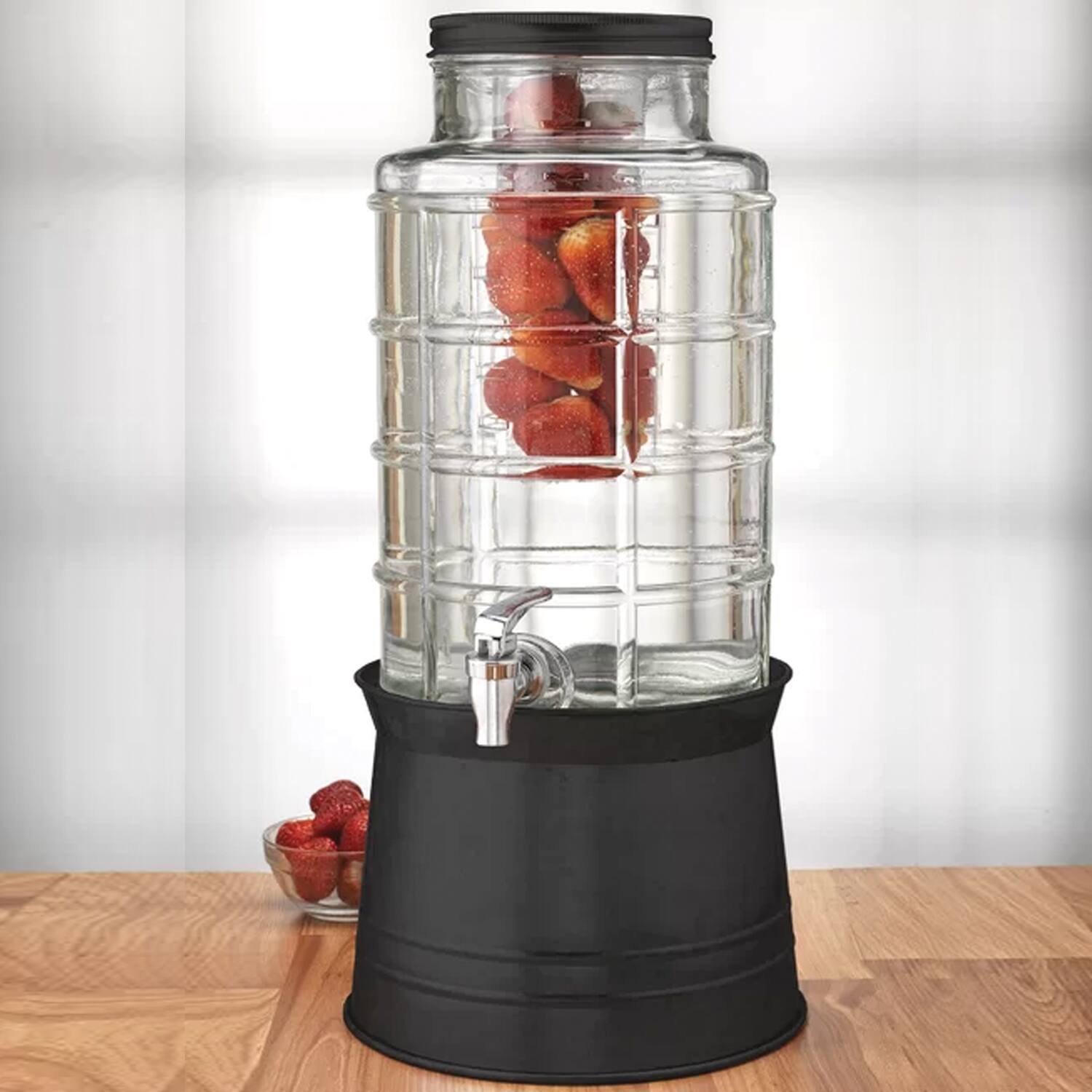 Back. Jay Import - Big Window 2.4 GAL/ 9L Beverage Dispenser With Ice Insert, Fruit Infuser, And Black Galvanized Base - Clear.