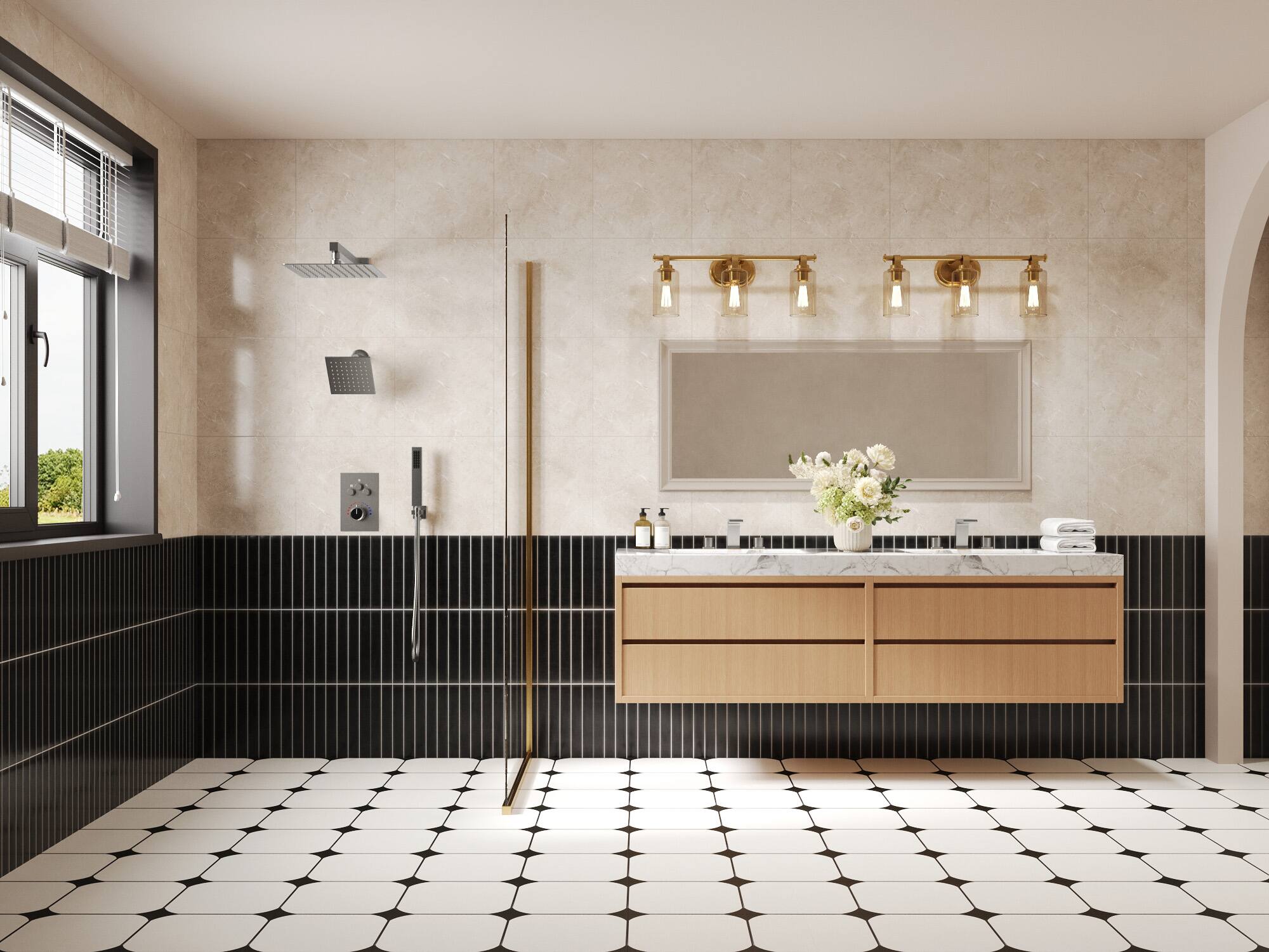 Left. GRANDJOY - 12" Dual Rain Shower System with Handheld Shower, Thermostatic Valve and 3 Function Diverter Faucet Set - Brushed Nickel.