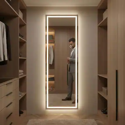 Front. Kadyn - 67x24 Inch Tall Frameless Rectangle Full-Length LED Wall Mirror - Black.