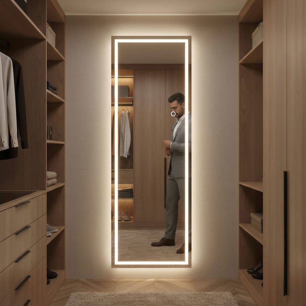 Front. Kadyn - 67x24 Inch Tall Frameless Rectangle Full-Length LED Wall Mirror - Black.