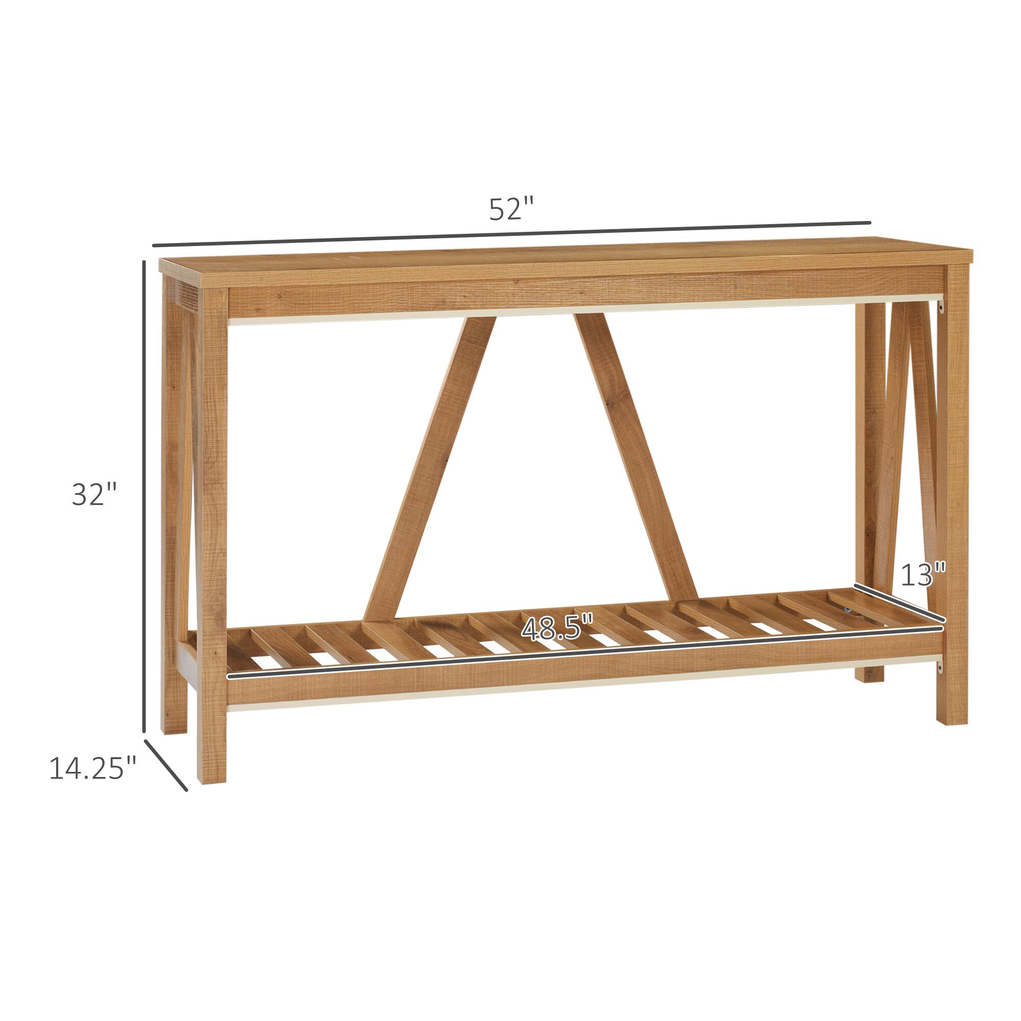 The dimensions of the table are:

- Length: 52 inches
- Width: 32 inches
- Height: 32 inches
- Shelf height: 14.25 inches
- Shelf depth: 13 inches