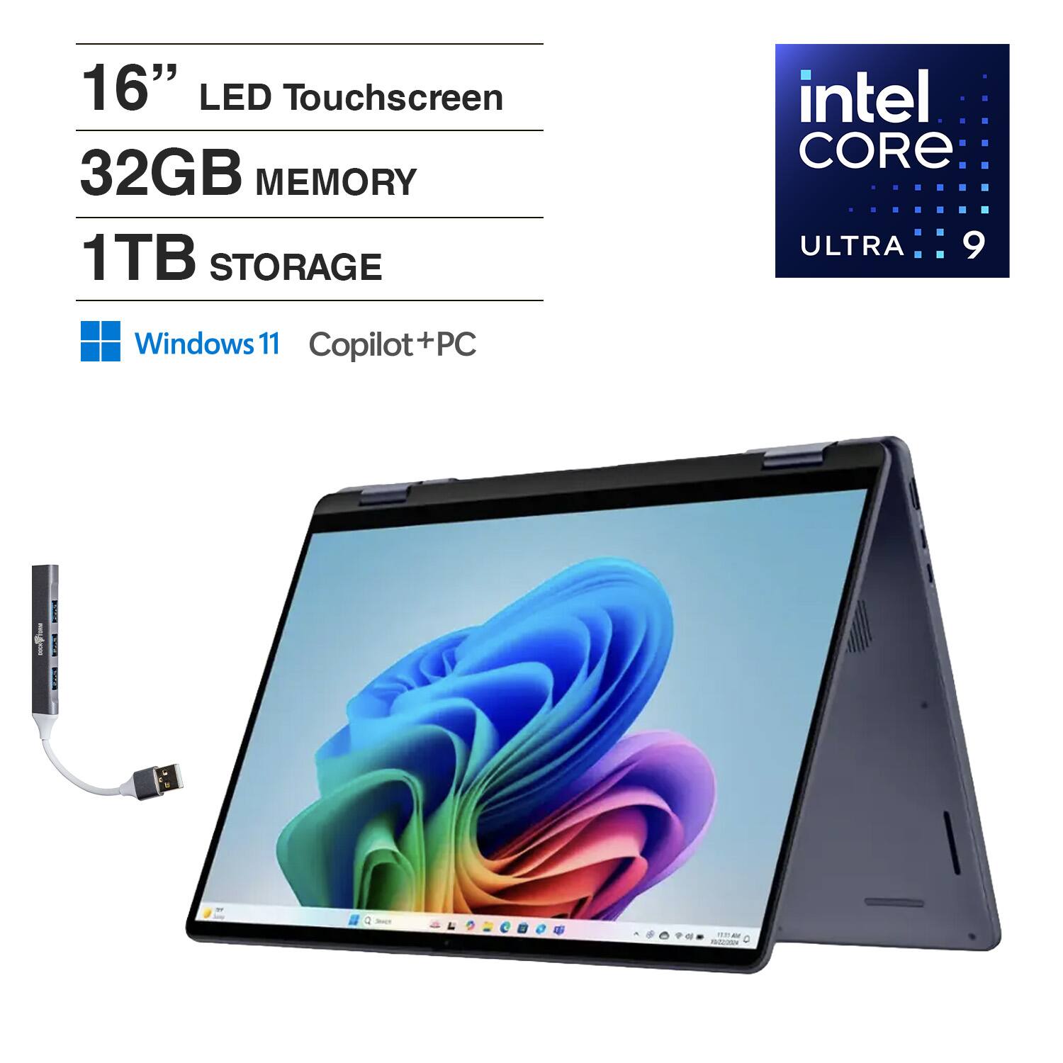 Dell - 16 2-in-1 Laptop 16.0 WQXGA Display (Intel Ultra 9-288V, 32GB LPDDR5X, 1TB SSD, Active Pen, Win 11 Home) - Midnight Blue