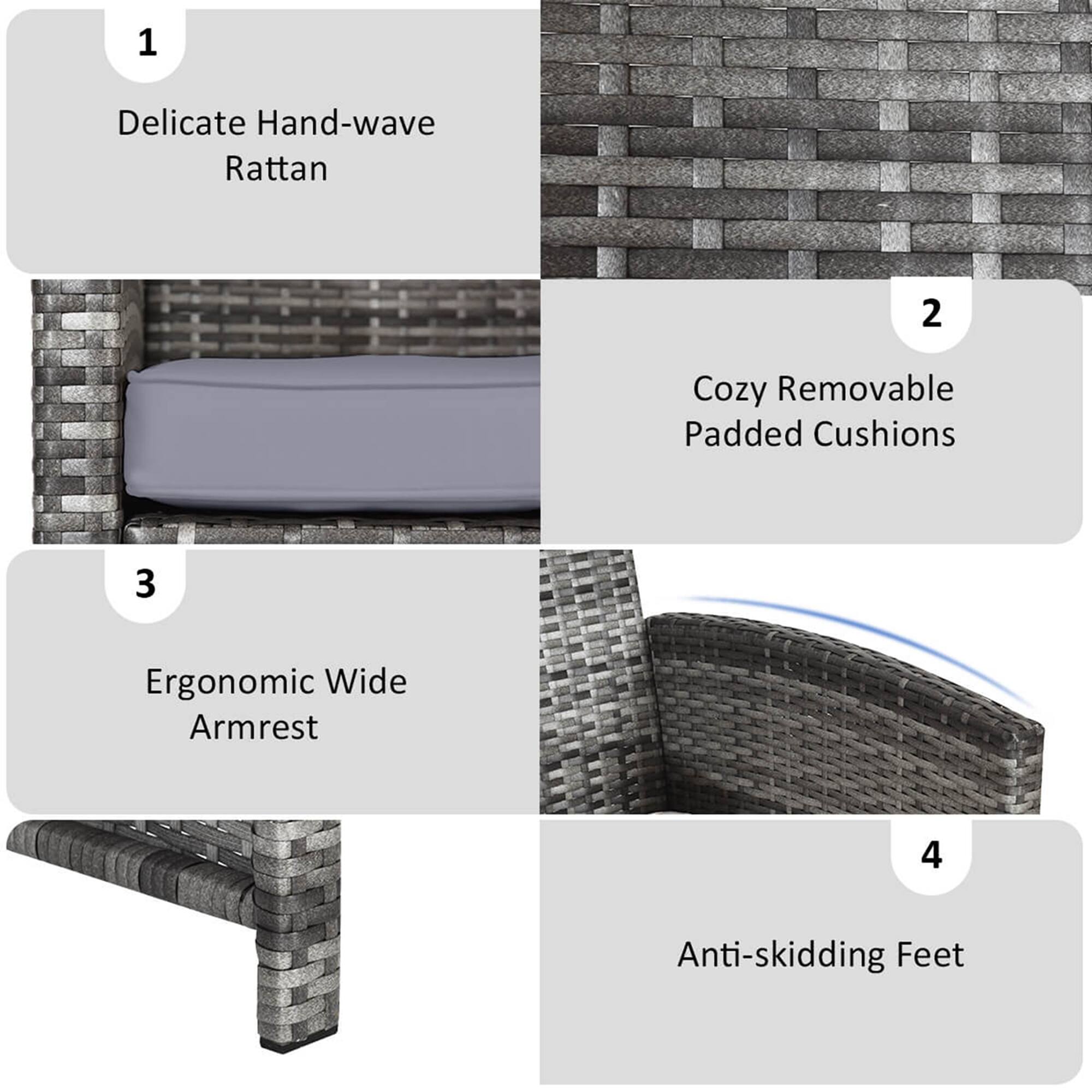 1. Delicate Hand-wave Rattan
2. Cozy Removable Padded Cushions
3. Ergonomic Wide Armrest
4. Anti-skidding Feet