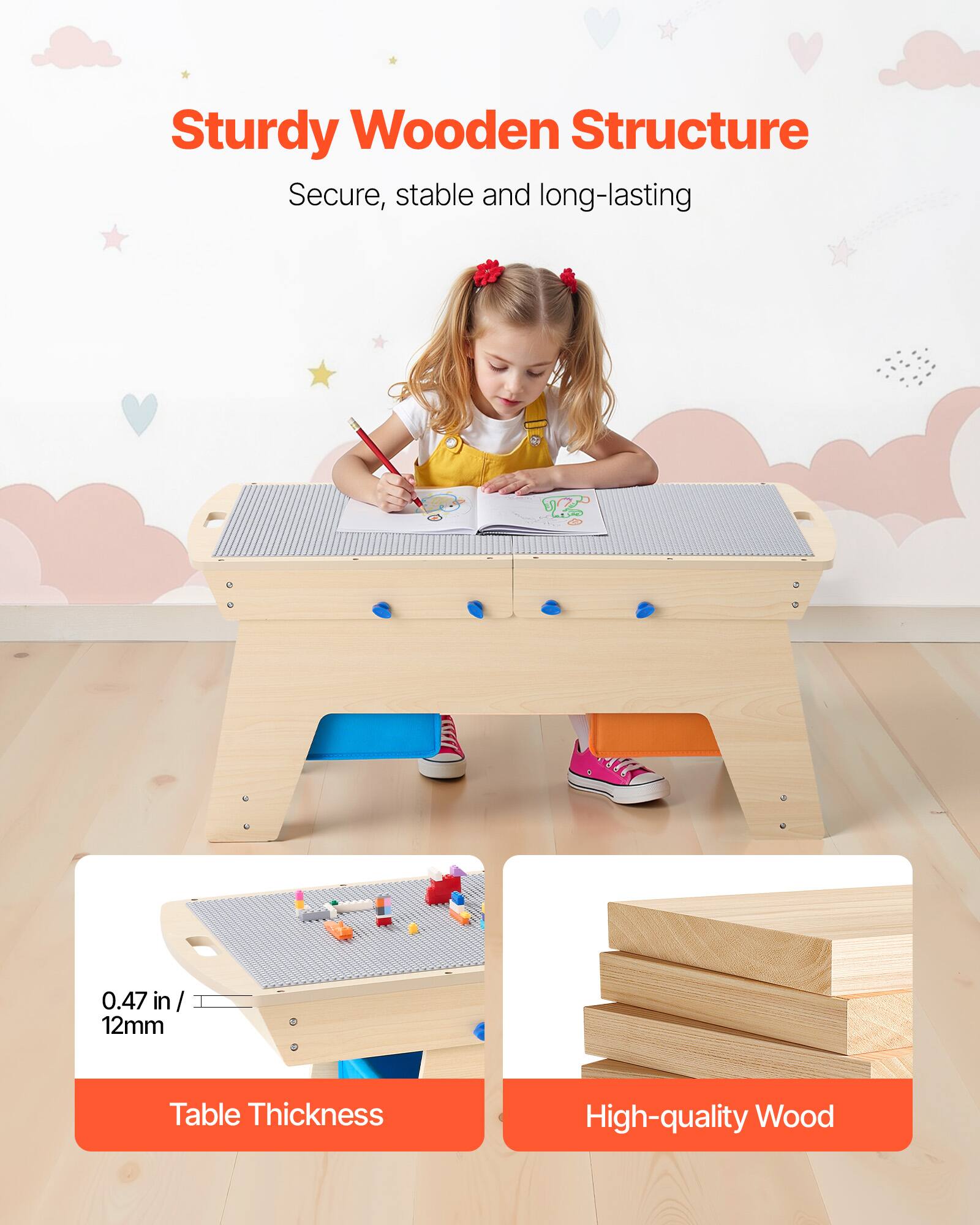 Sturdy Wooden Structure  
Secure, stable and long-lasting  

0.47 in / 12mm Table Thickness  

High-quality Wood