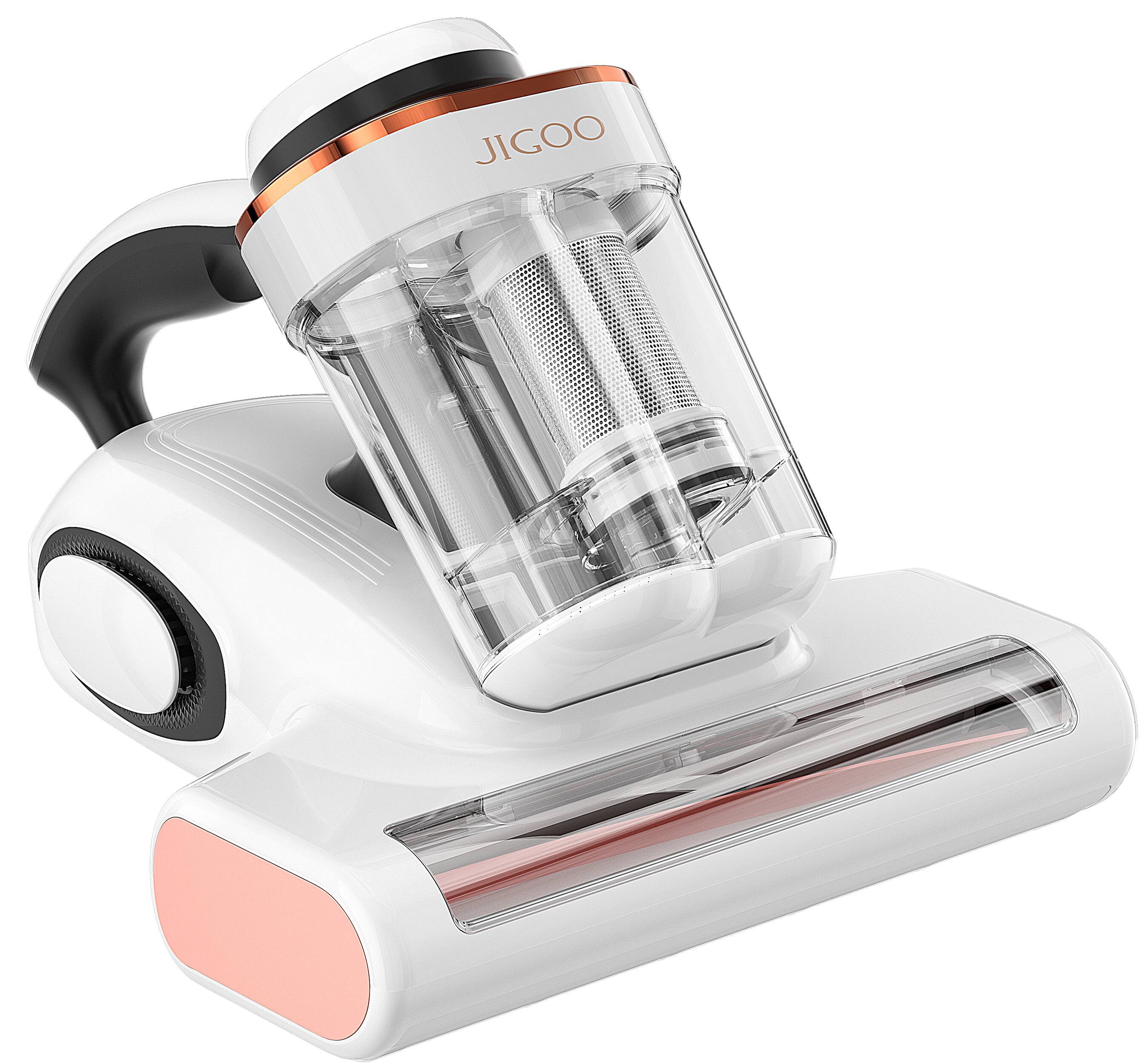 Left. JIGOO - Bed Vacuum Cleaner with Dust Sensor, 13Kpa Suction 500W Mattress Vac with UV Light & Ultrasonic for Dust & Pet Hair - White.