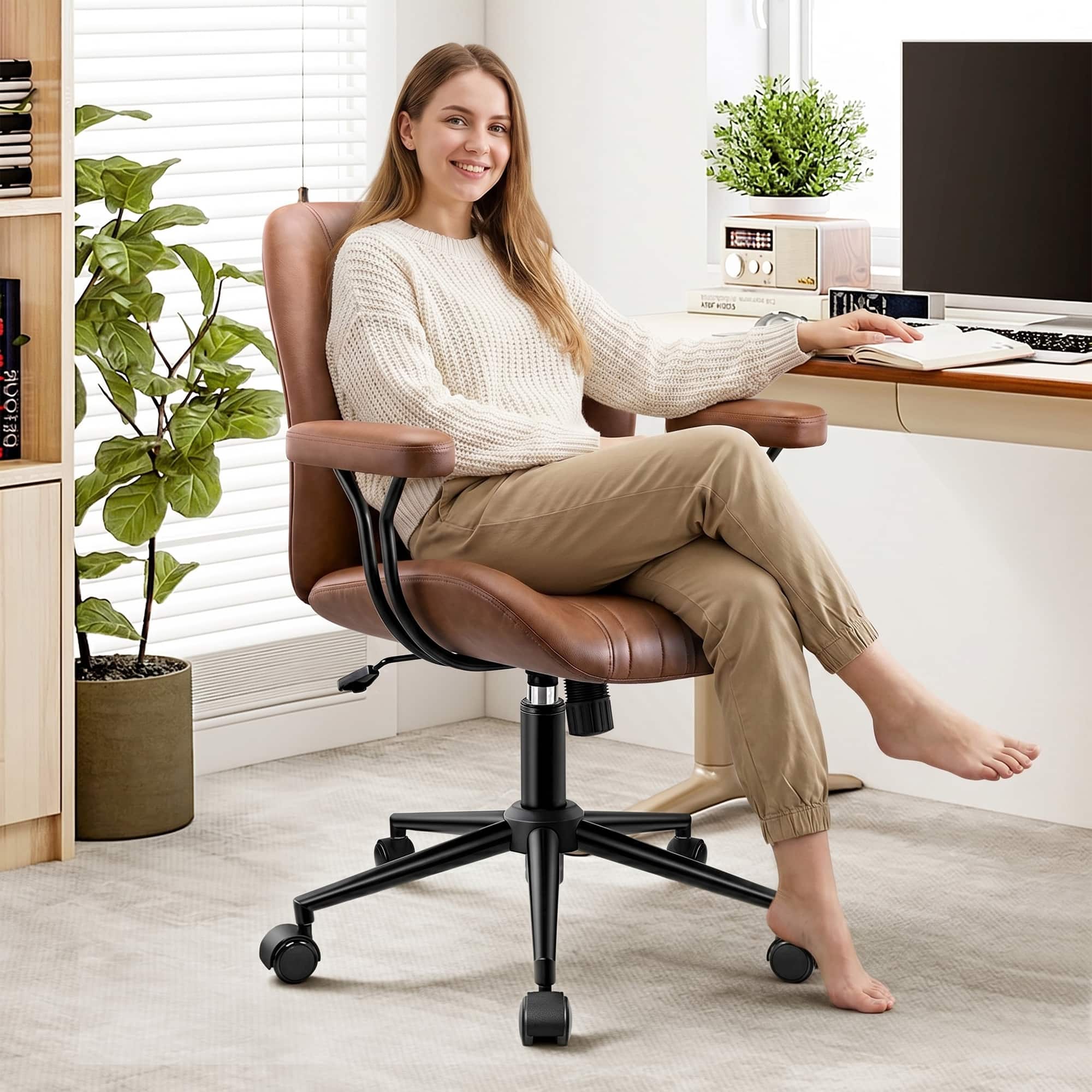Brick Attic - Leather Office Chair with Removable Armrests, Mid Back Ergonomic Desk Chair with Lumbar Support, Adjustable Height - Brown