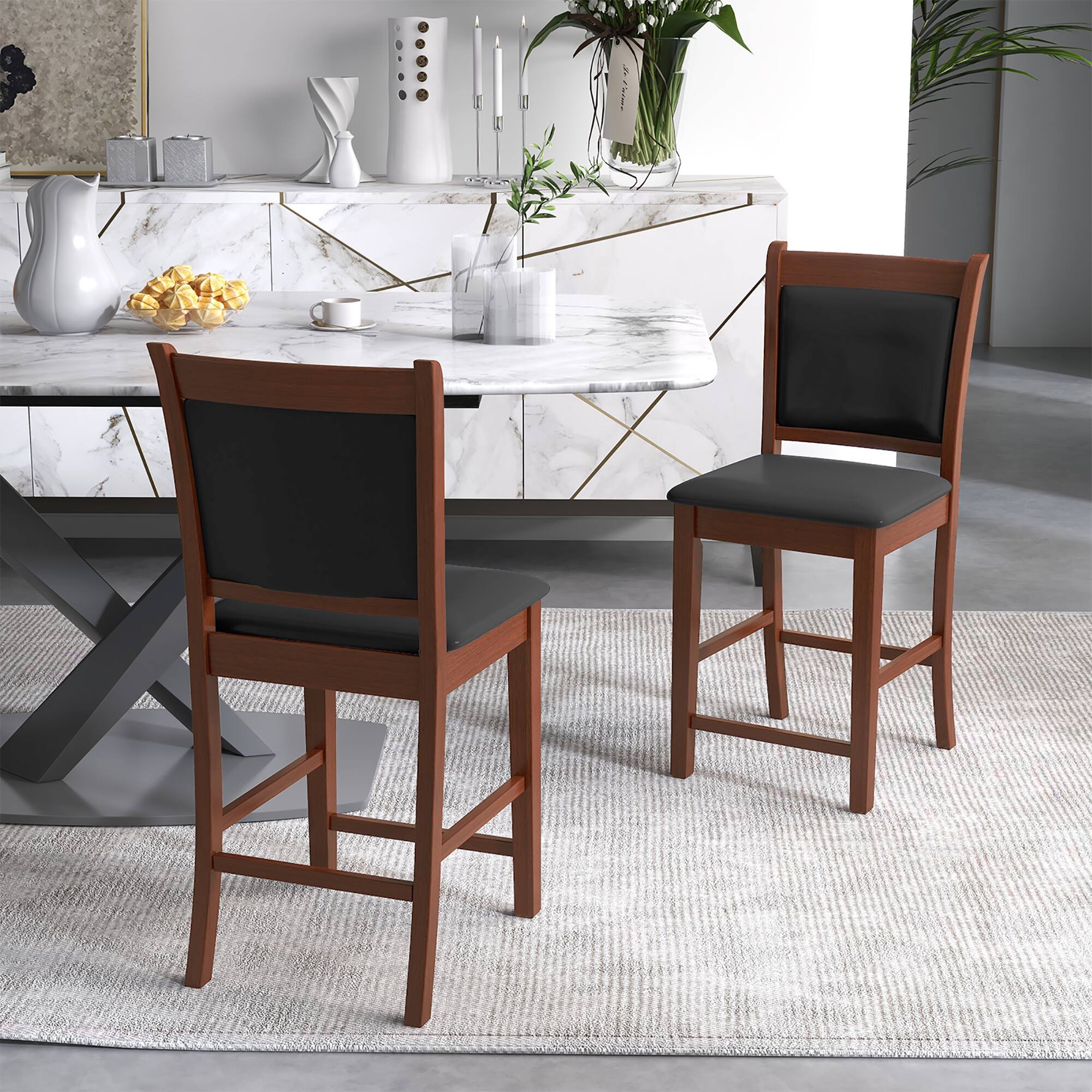 Alt View 3. Gymax - Gymax Upholstered Counter Stool Set of 2 w/ Solid Rubber Wood Frame Ergonomic Backrest - Brown, Black.