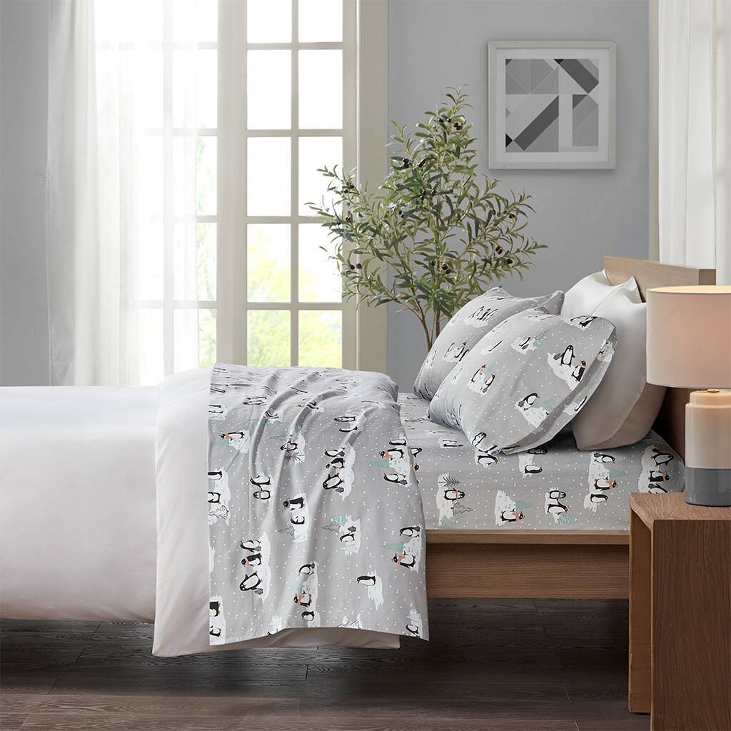 Alt View 1. Gracie Mills - Gracie Mills Persephone Cotton Flannel Sheet Set - Grey Penguins.