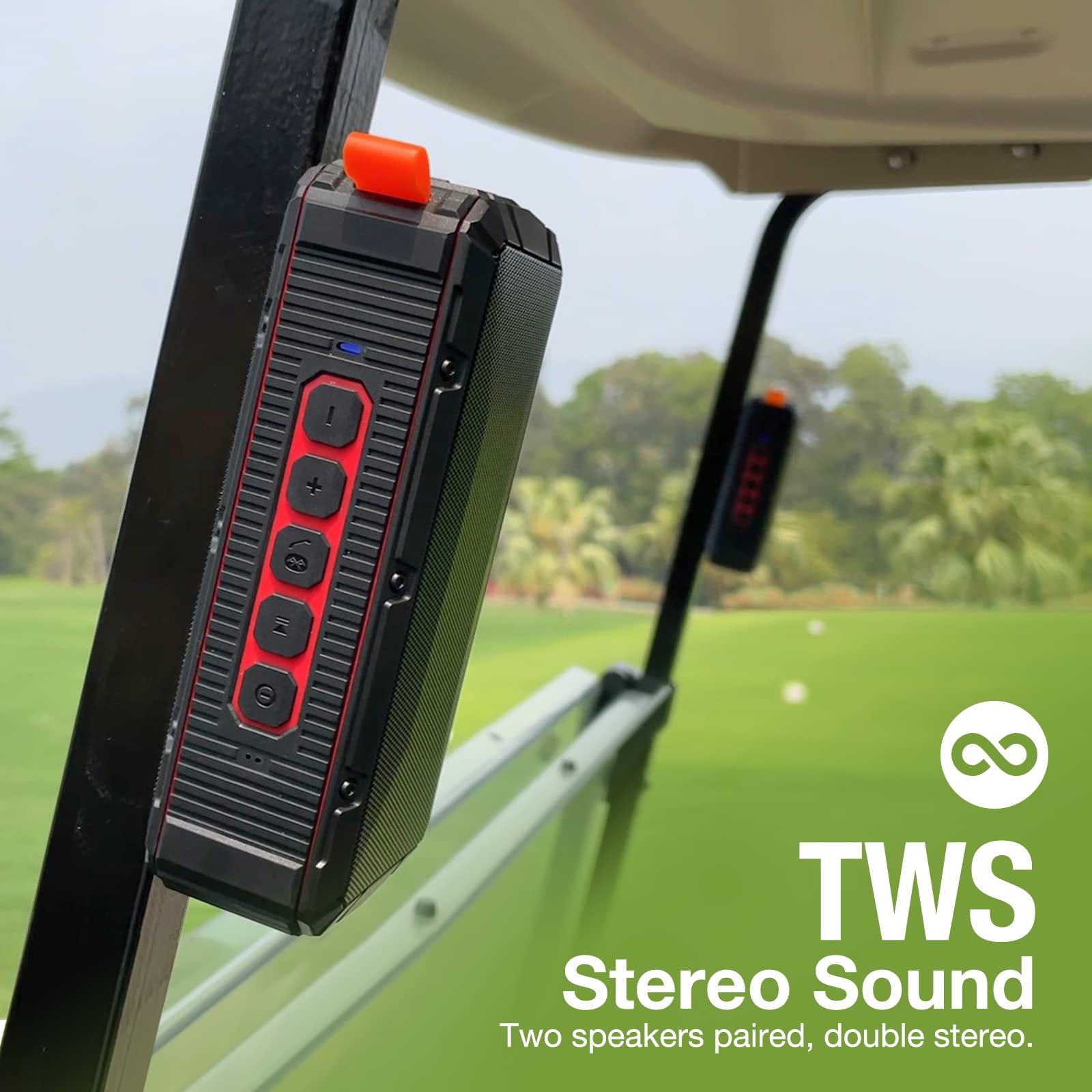 TWS Stereo Sound  
Two speakers paired, double stereo.