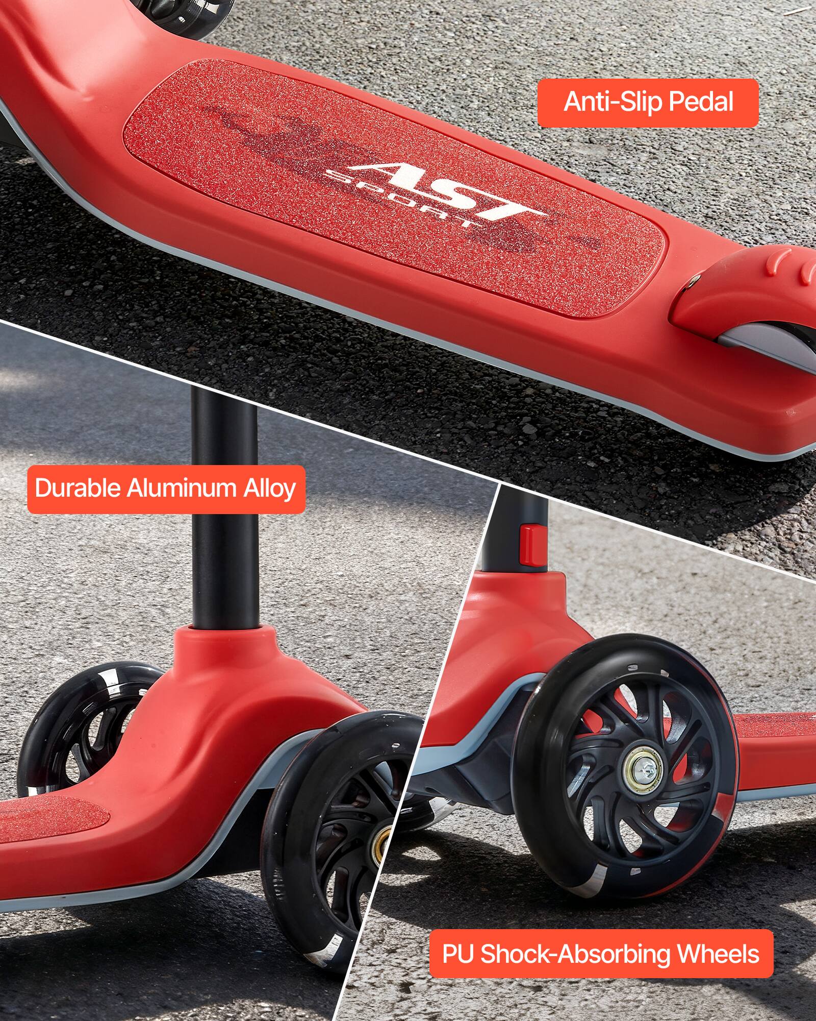- Anti-Slip Pedal
- Durable Aluminum Alloy
- PU Shock-Absorbing Wheels