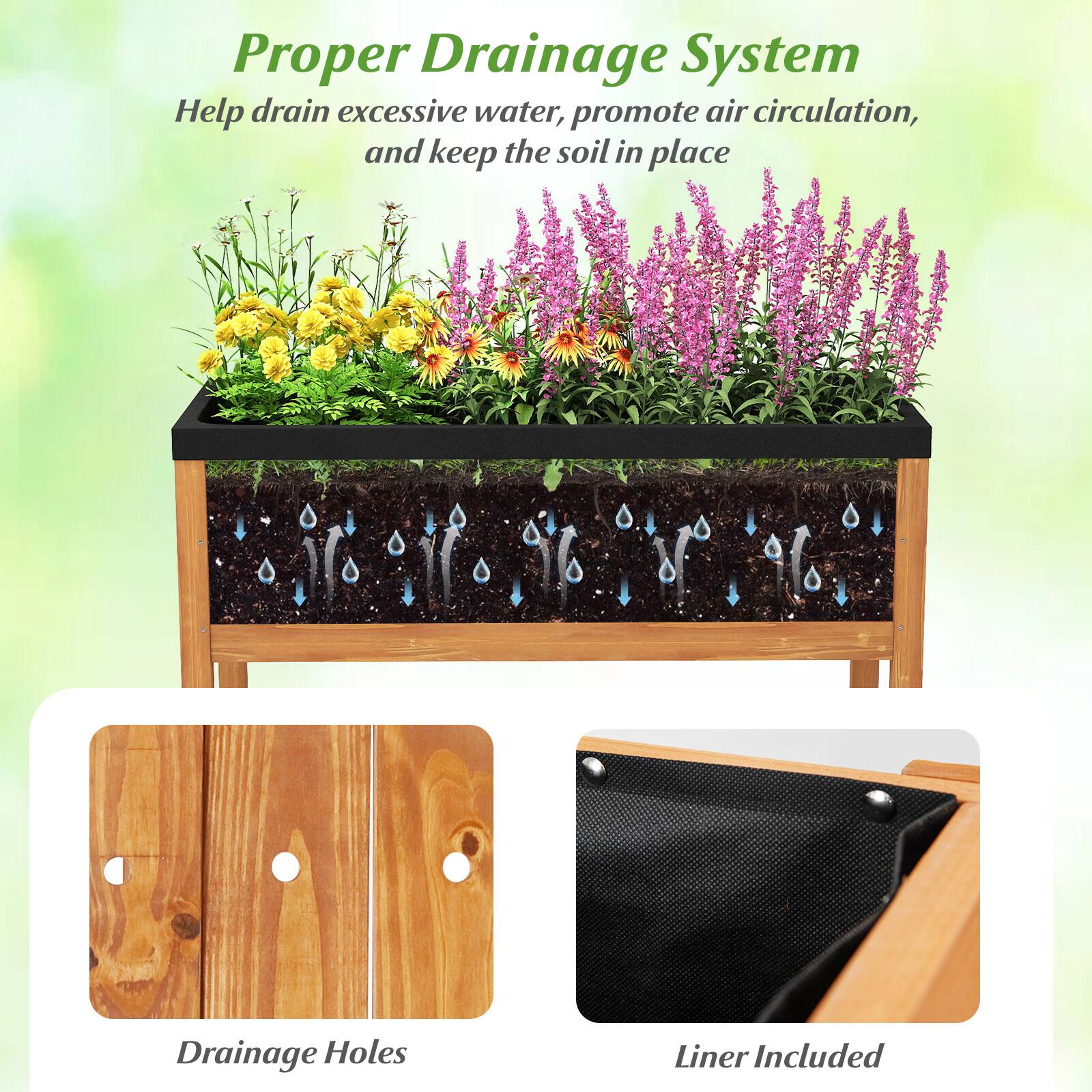 Proper Drainage System  
Help drain excessive water, promote air circulation, and keep the soil in place  

Drainage Holes  
Liner Included