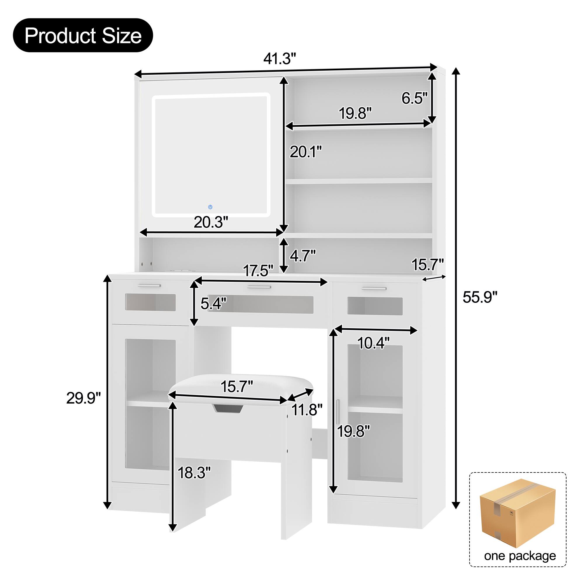 Product Size

- 41.3" (Width)
- 19.8" (Depth)
- 6.5" (Height)
- 20.1" (Height of top shelf)
- 20.3" (Width of top shelf)
- 4.7" (Height of middle shelf)
- 17.5" (Depth of middle shelf)
- 15.7" (Height of bottom shelf)
- 5.4" (Height of bottom drawer)
- 55.9" (Total height)
- 10.4" (Depth of bottom shelf)
- 29.9" (Width of bottom section)
- 15.7" (Depth of bottom section)
- 11.8" (Height of bottom section)
- 19.8" (Width of bottom section)
- 18.3" (Depth of bottom section)

One package