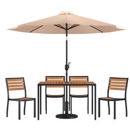 Emma + Oliver - 7 Piece Patio Table Set - Synthetic Faux Teak Stackable Chairs - Faux Teak Table - Umbrella with Base - Tan