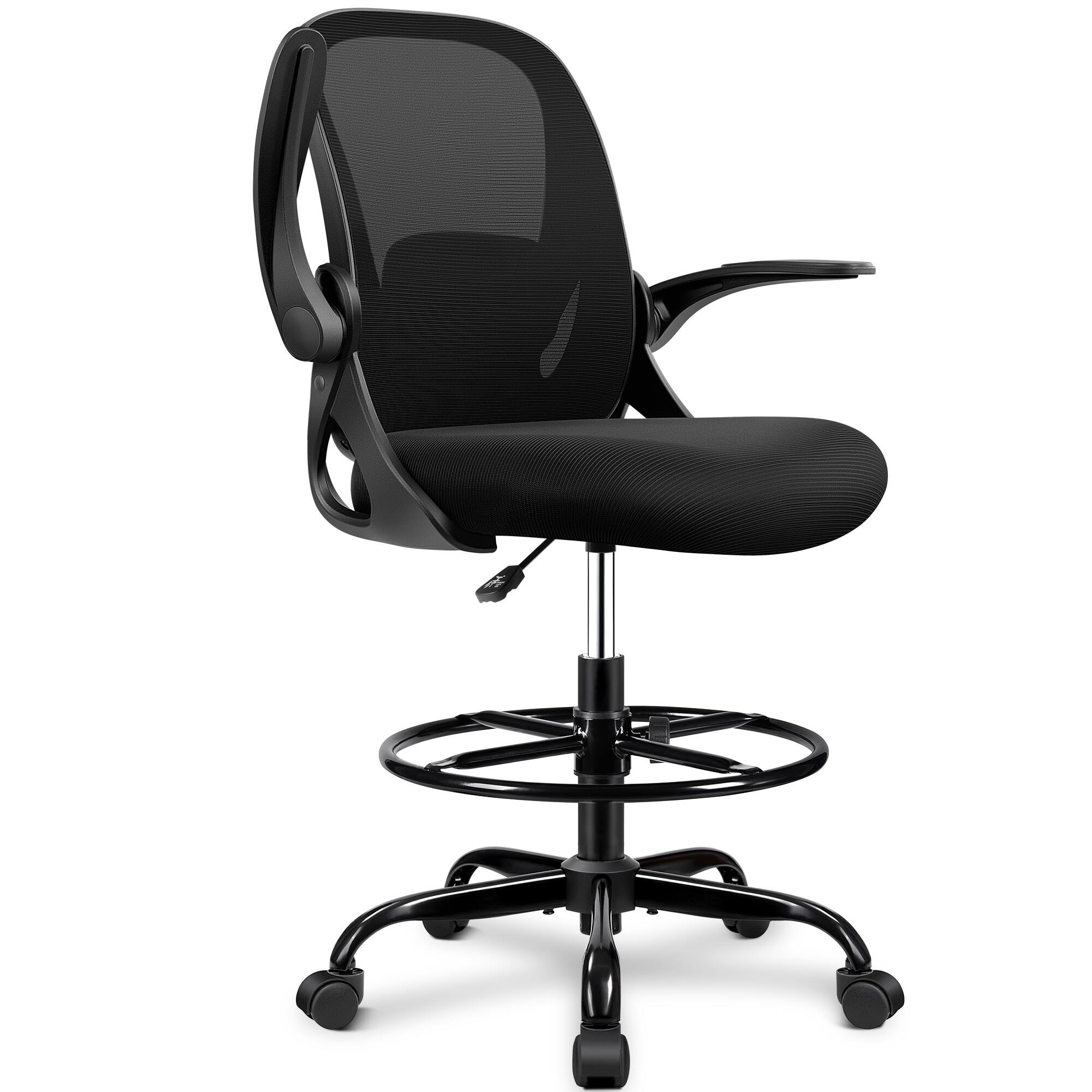 Alt View 1. Brick Attic - Tall Office Chair with Flip-up Armrests, Executive Drafting Chair with Lumbar Support and Adjustable Footrest Ring - Black.