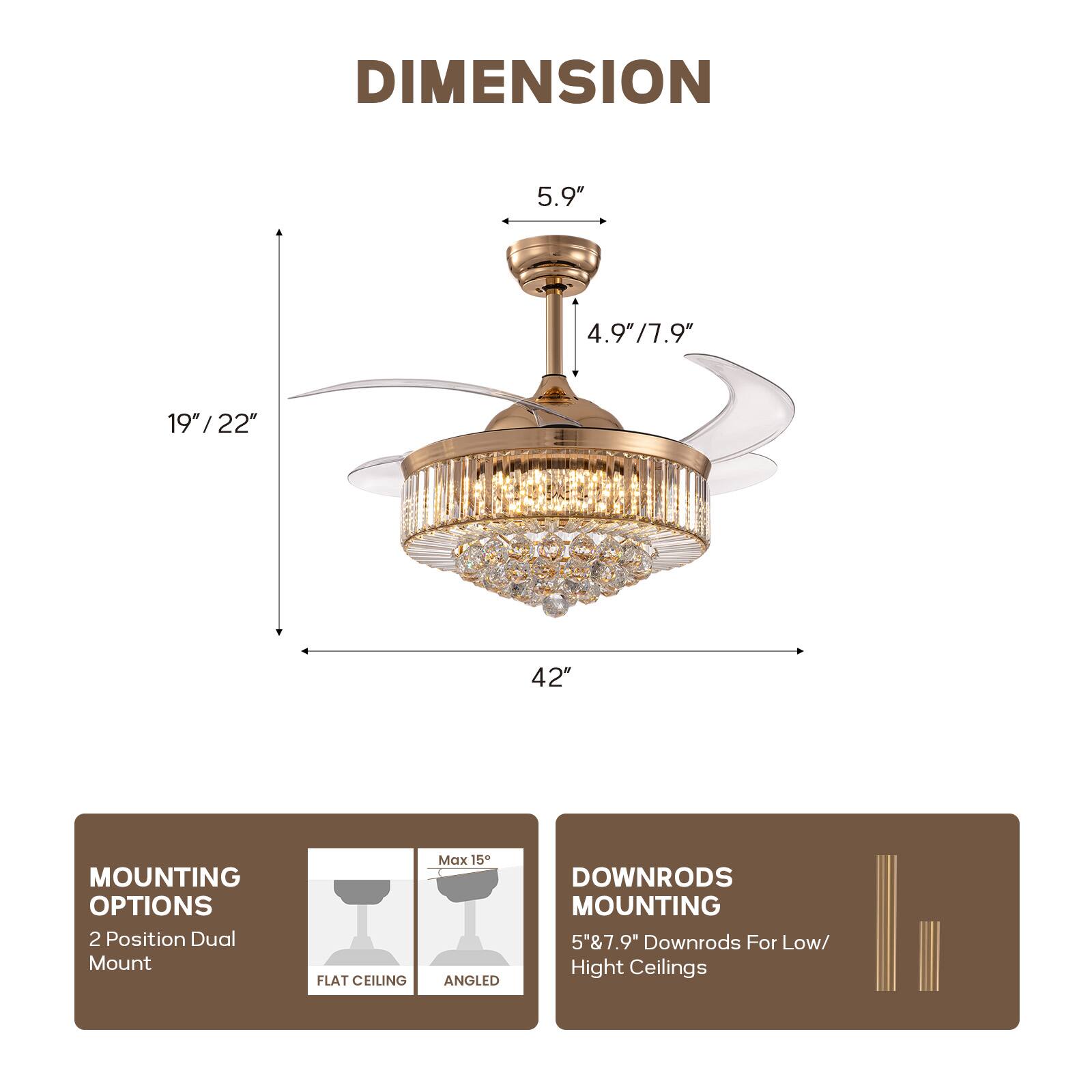 **DIMENSION**

- 5.9"
- 4.9"/7.9"
- 19"/22"
- 42"

**MOUNTING OPTIONS**

- 2 Position Dual Mount
- FLAT CEILING
- ANGLED (Max 15°)

**DOWNRODS MOUNTING**

- 5"&7.9" Downrods For Low/ High Ceilings