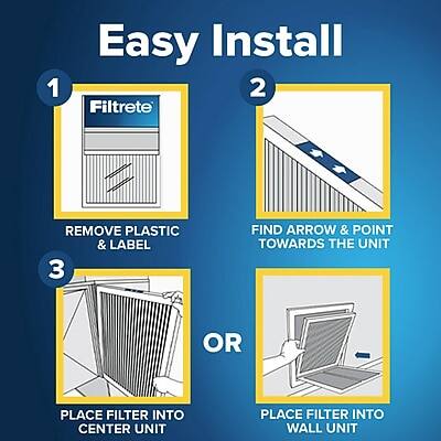 1. Easy Install
2. Filtrete
   - Remove plastic & label
3. Find arrow & point towards the unit
4. Place filter into center unit
5. Place filter into wall unit