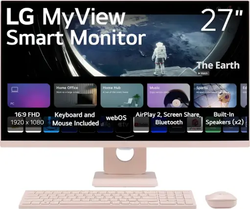 LG MyView Smart Monitor 27" The Earth Watch Home Office Work - a large screen Home Hub. A hub of the smart home. Music - Enjoy various songs. Sports - All sports information. O9 O Ed Edit PC 16:9 FHD Keyboard and AirPlay 2, Screen Share, Built-In webOS 1920 1080 prir Bluetooth Speakers (x2) x Mouse Included. Sling TV, YouTube, Vid - - shopun 1 APPS LG - . - LO 1.
