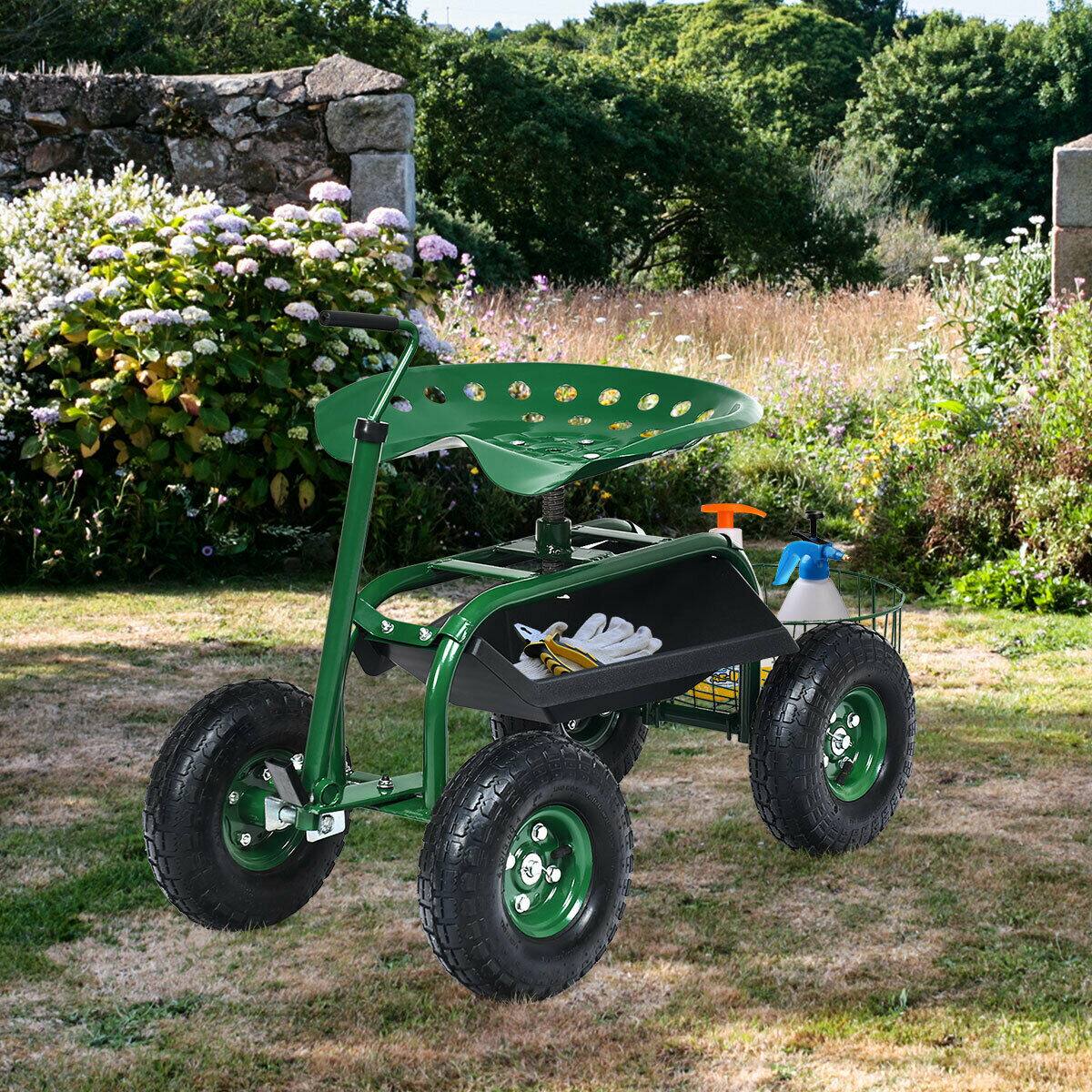 Angle. SKONYON - Heavy Duty Garden Cart with Adjustable Handle Large Wheels and High Load Capacity - Green.